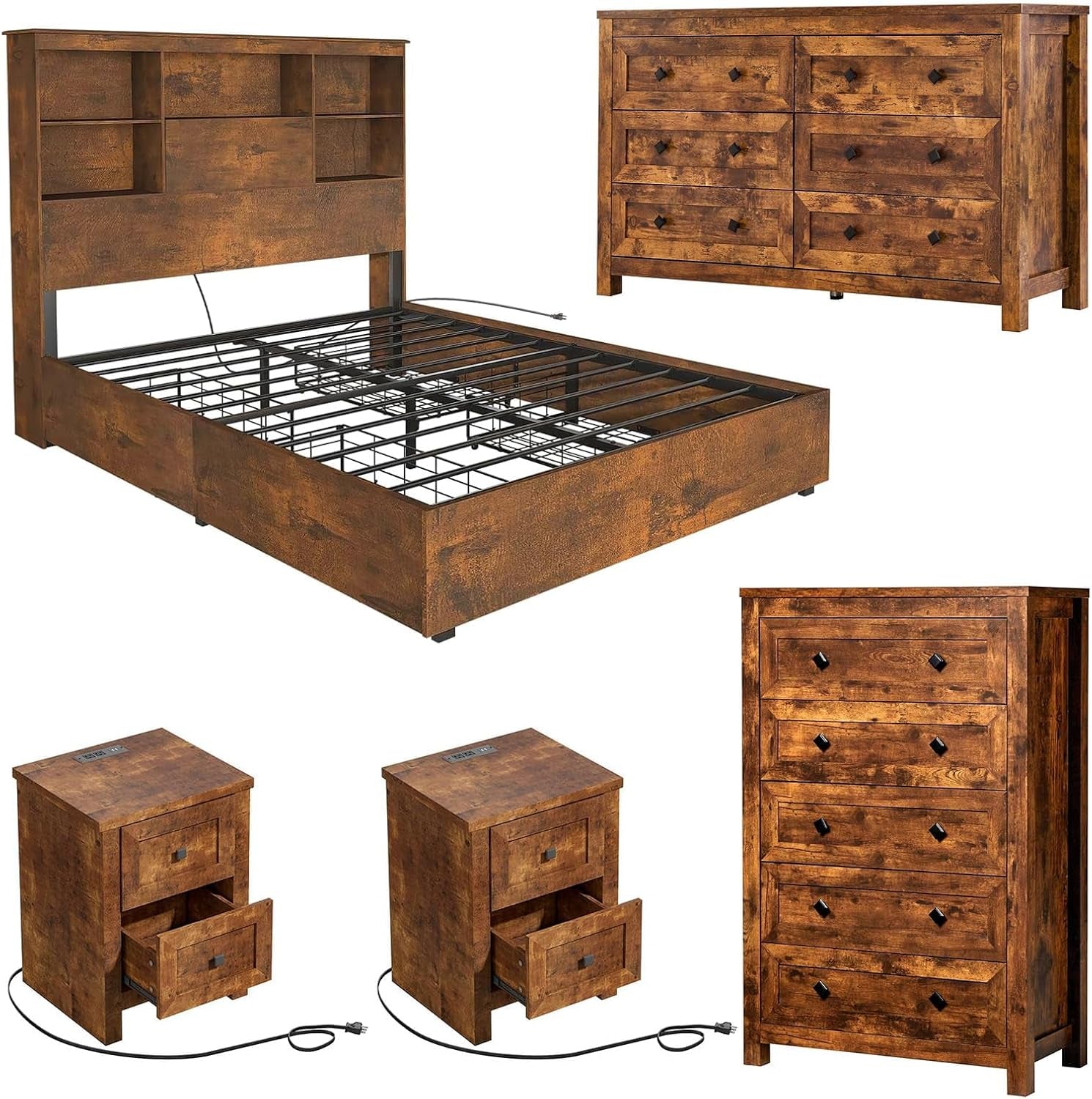 Rustic brown queen bed frame with headboard shelving, six-drawer dresser, tall chest and two nightstands shown in collage,; 3
