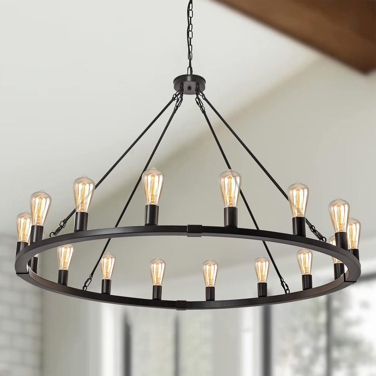 Underneath perspective of the black ring chandelier showing evenly spaced bulbs around the frame