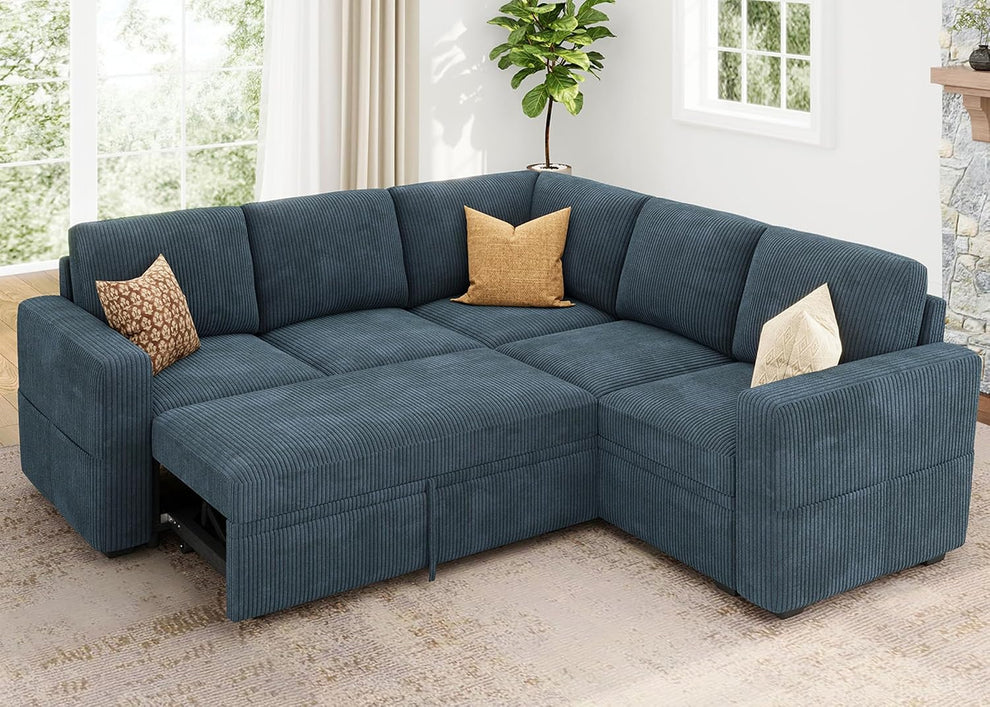 Modular Sectional Sleeper Couch with Pull Out Bed, Corduroy L Shaped Sofa with Storage, Convertible Sectional Couches for Living Room, Blue