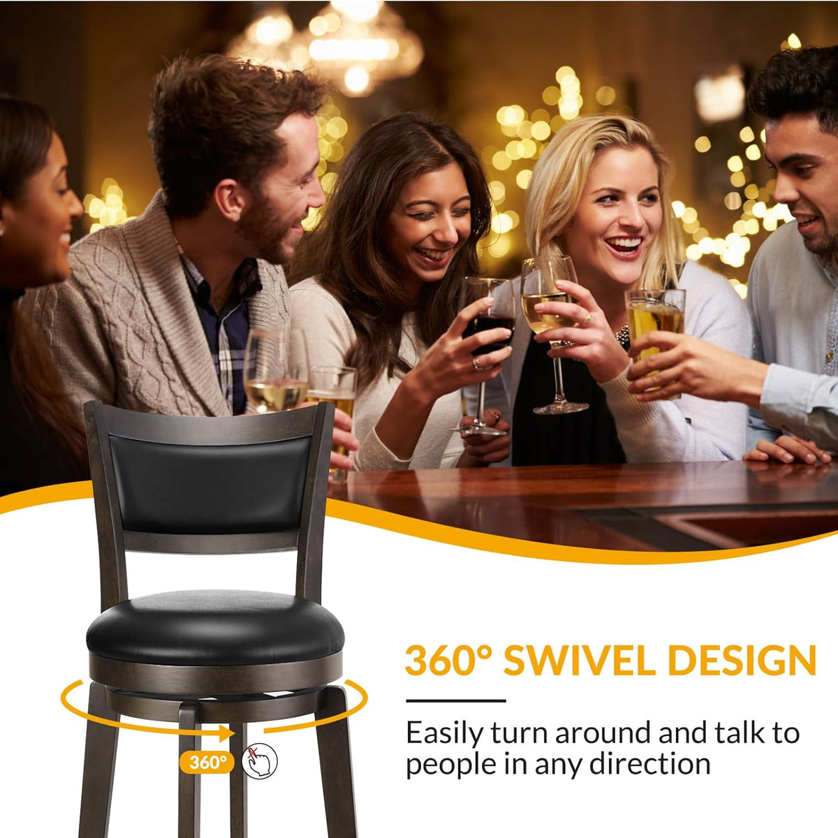 Single black faux leather swivel bar stool with 360° swivel graphic and people socializing in the background