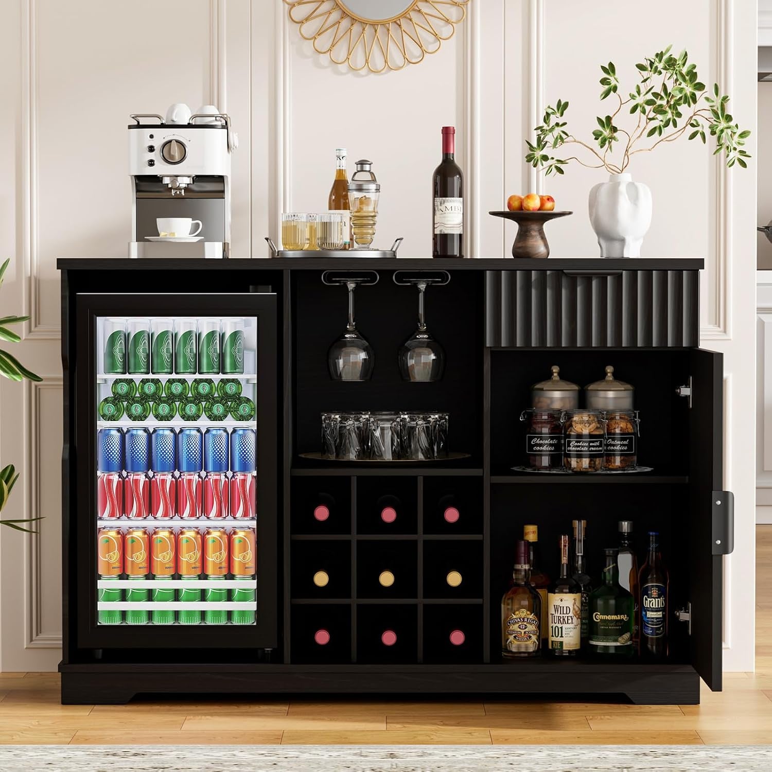 Front-facing display of the fluted bar cabinet showing hanging stemware, removable wine rack, glass-front fridge and open sid