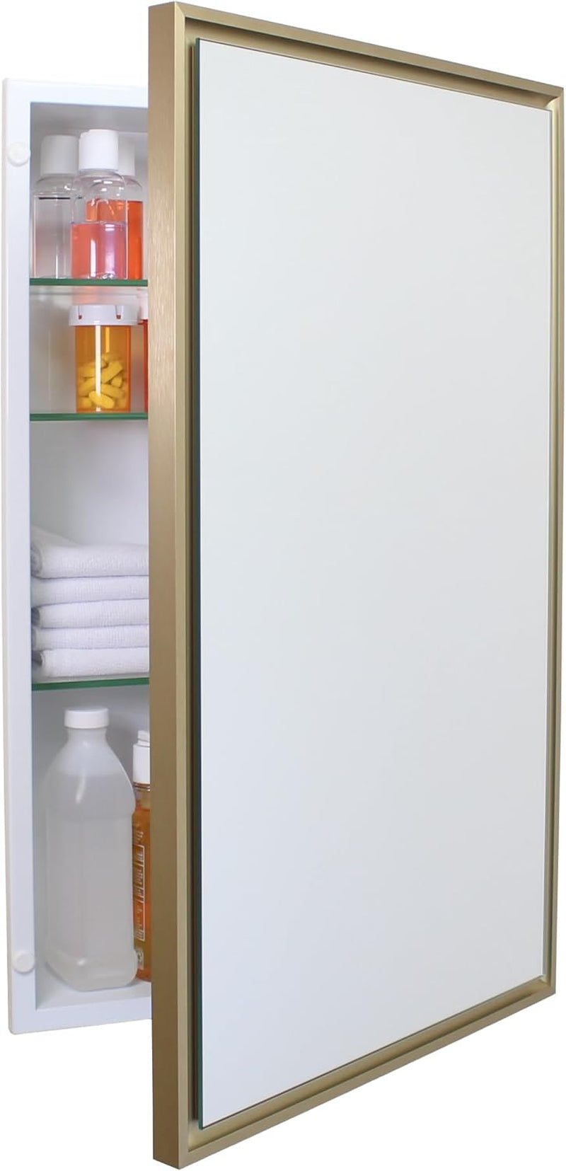 Three-quarter view of a recessed medicine cabinet with its gold-framed mirrored door partially open revealing glass shelves