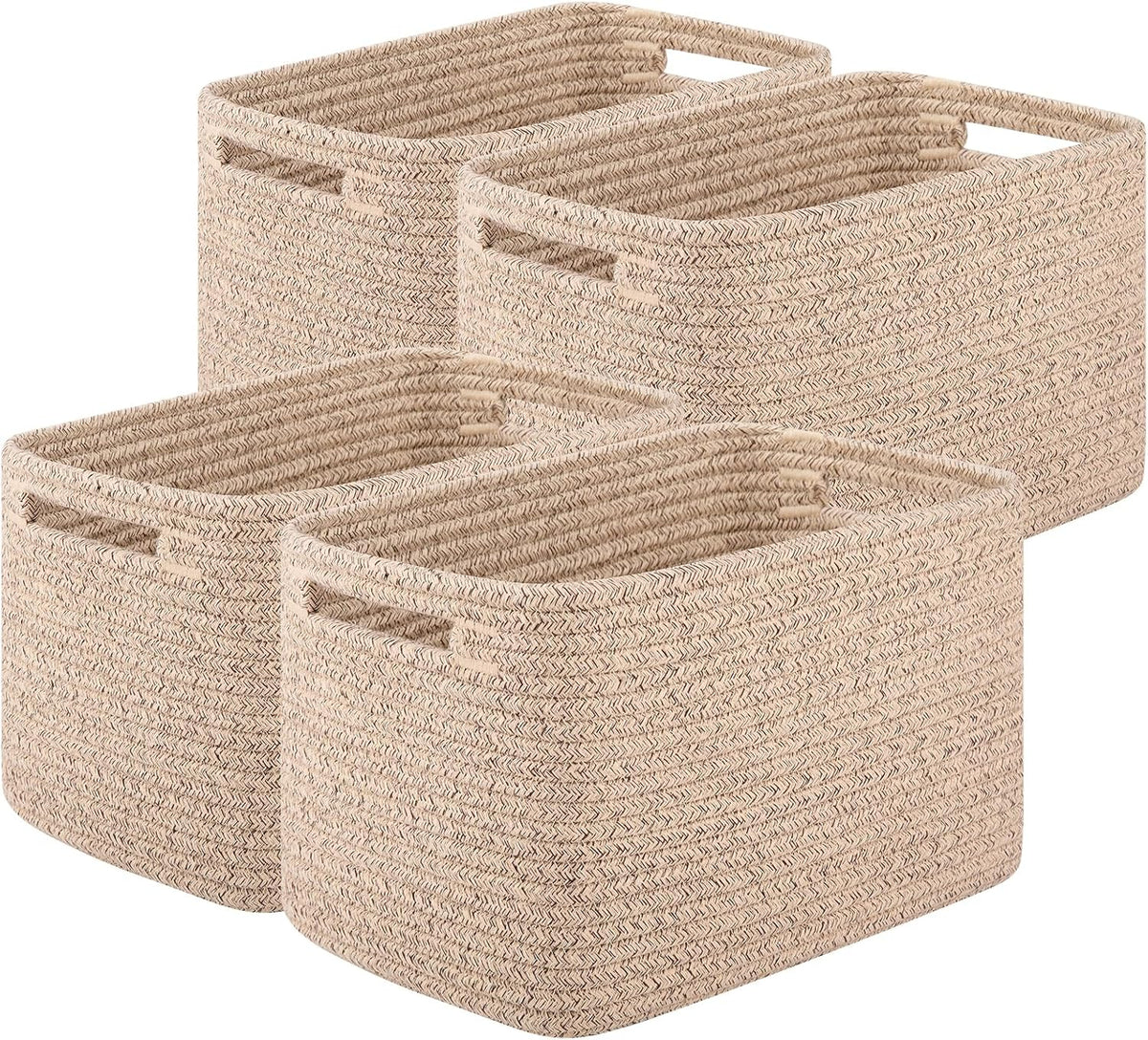Four natural cotton rope storage baskets grouped together on a white background from a stacked perspective