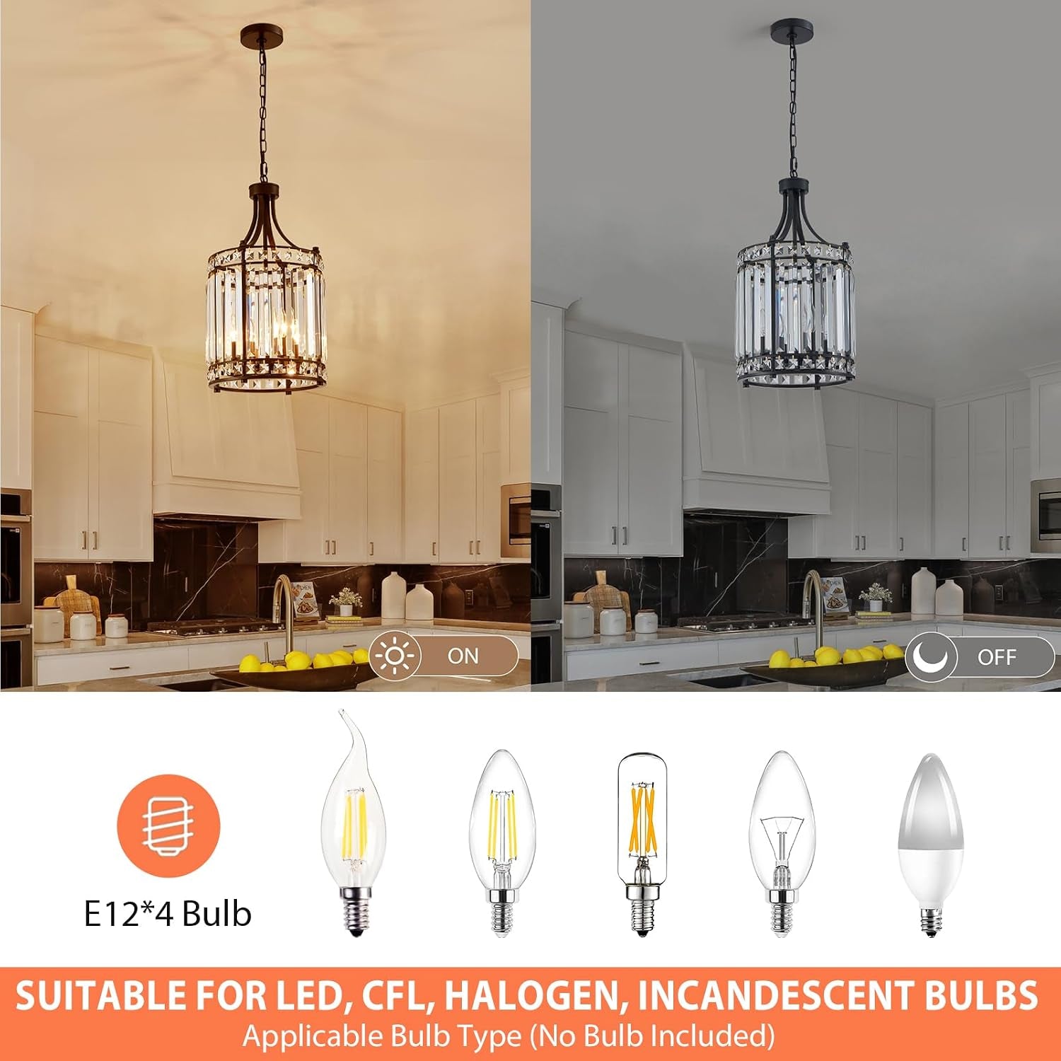 Split image showing the chandelier lit and unlit above a kitchen, with examples of compatible E12 bulb styles