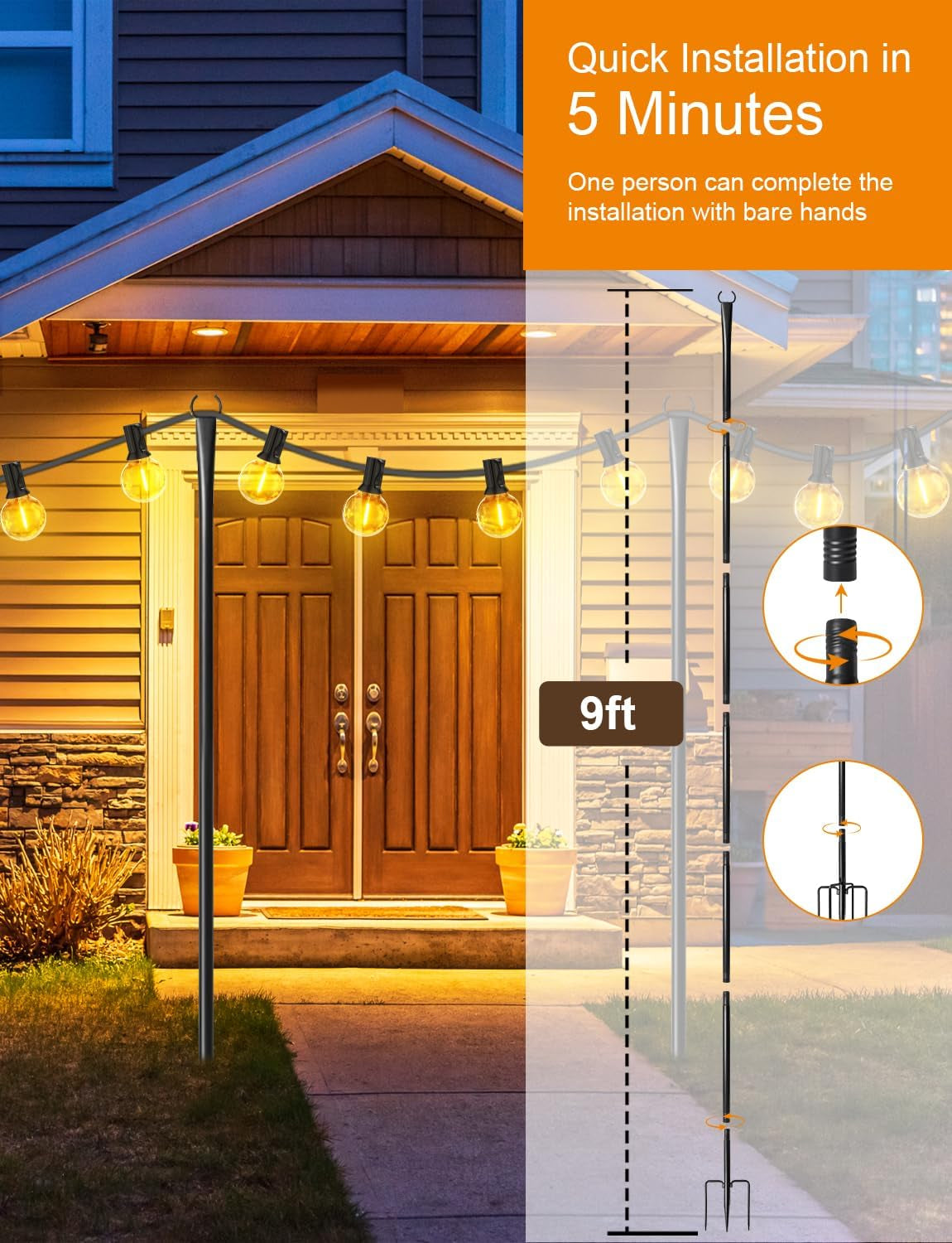 Front porch at dusk with a black string-light pole installed beside the walkway, lights glowing