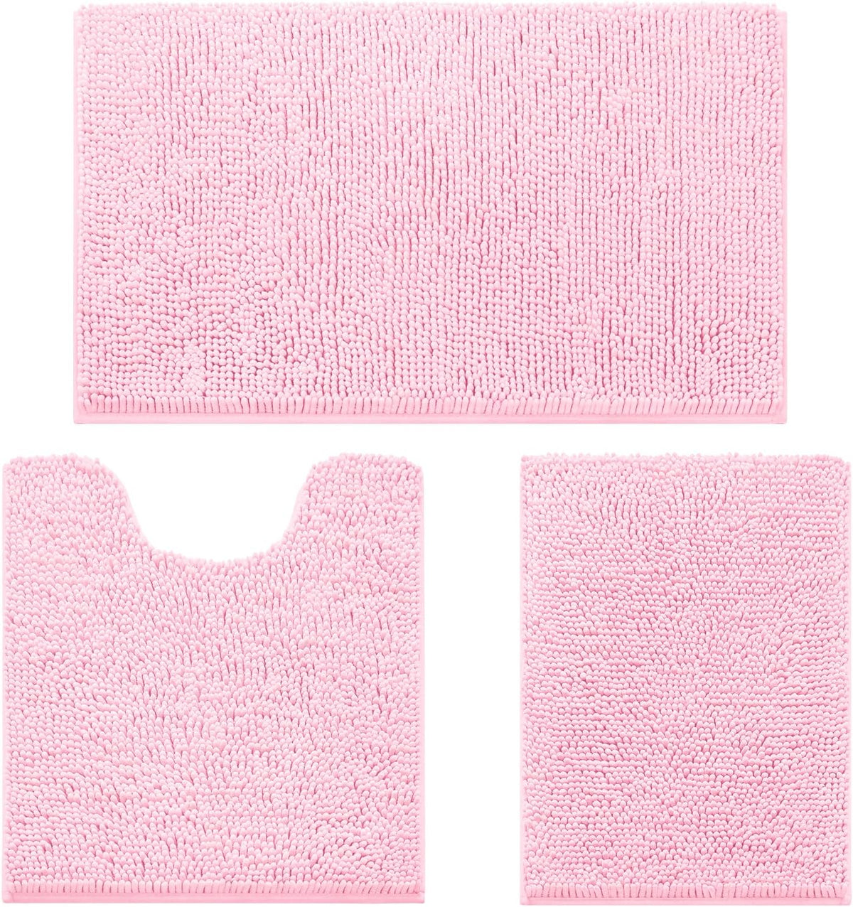 Flat lay of a three-piece chenille bathroom rug set in light pink: rectangular bath mat, U-shaped toilet rug, and small