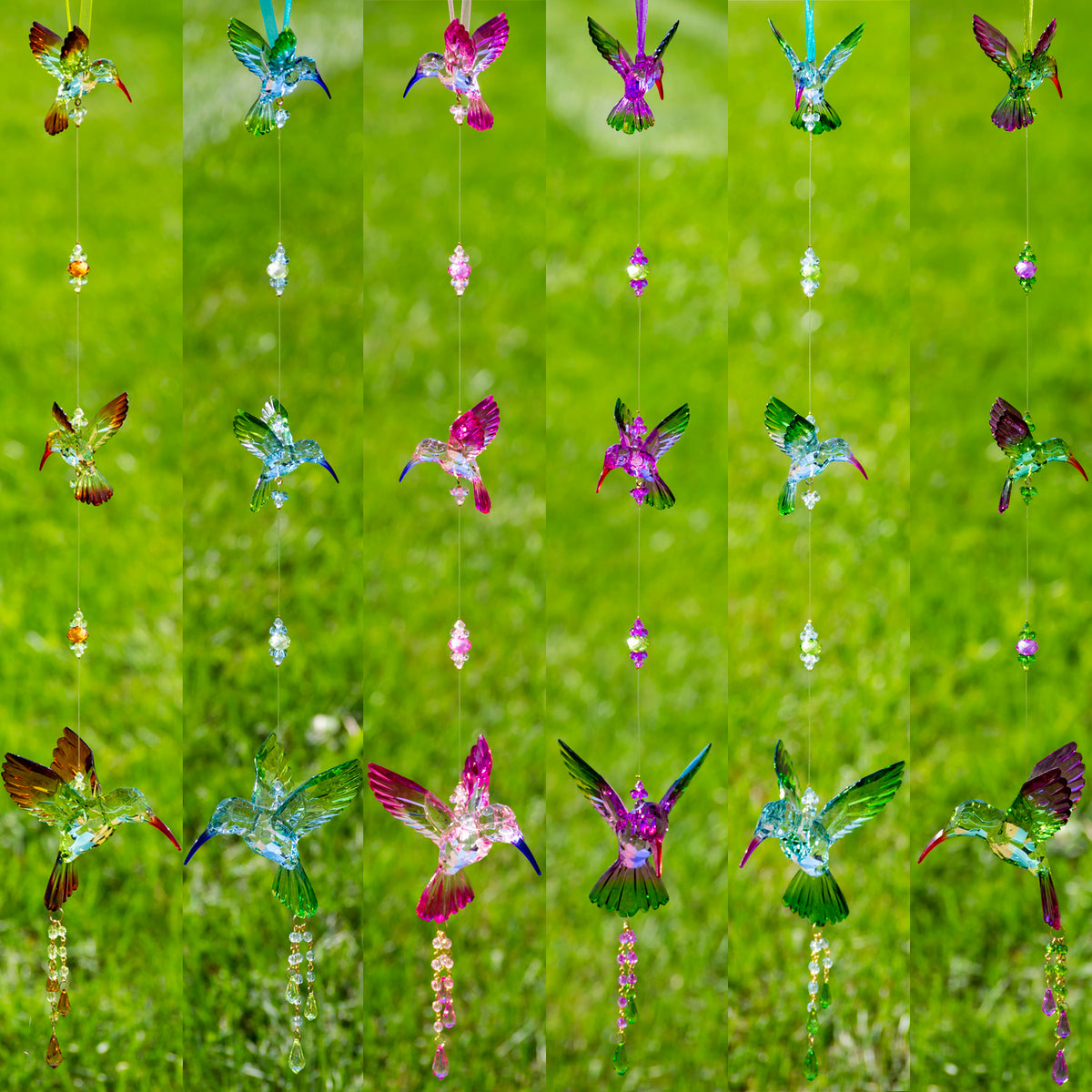 Six hanging hummingbird ornaments in assorted colors, each with three birds and dangling beads.