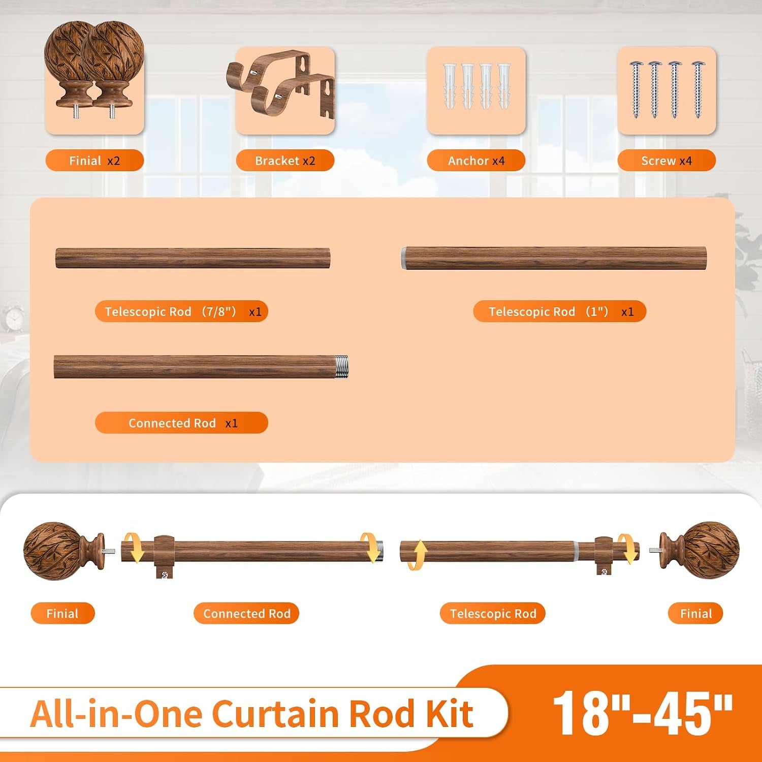 All-in-one curtain rod kit layout showing two finials, telescopic rod sections, mounting brackets, wall anchors and screws.