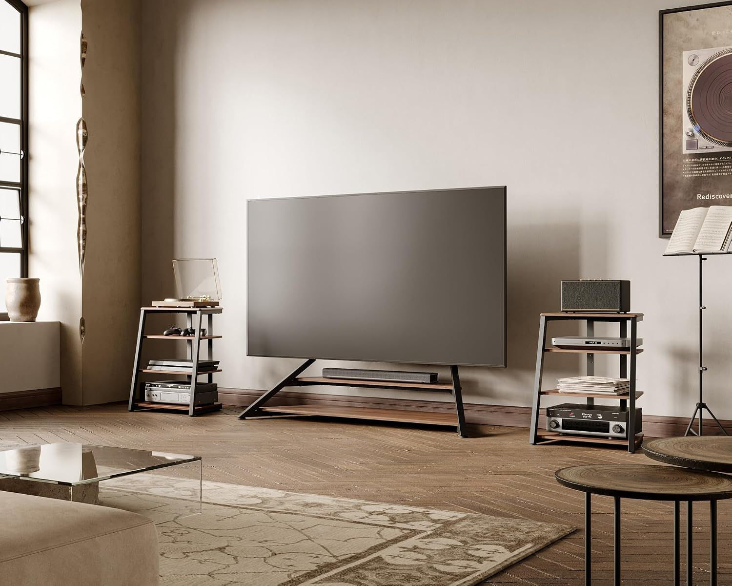 Main living room with TV centered and two walnut media stands flanking it, low coffee table foreground