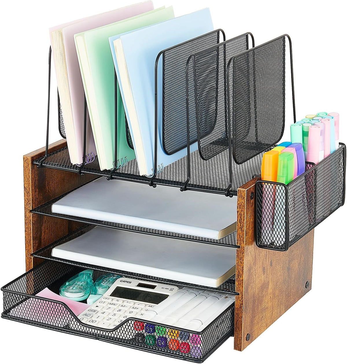 Side-angle close-up showing wood side panels, three mesh shelves and a side mesh pen holder with markers.