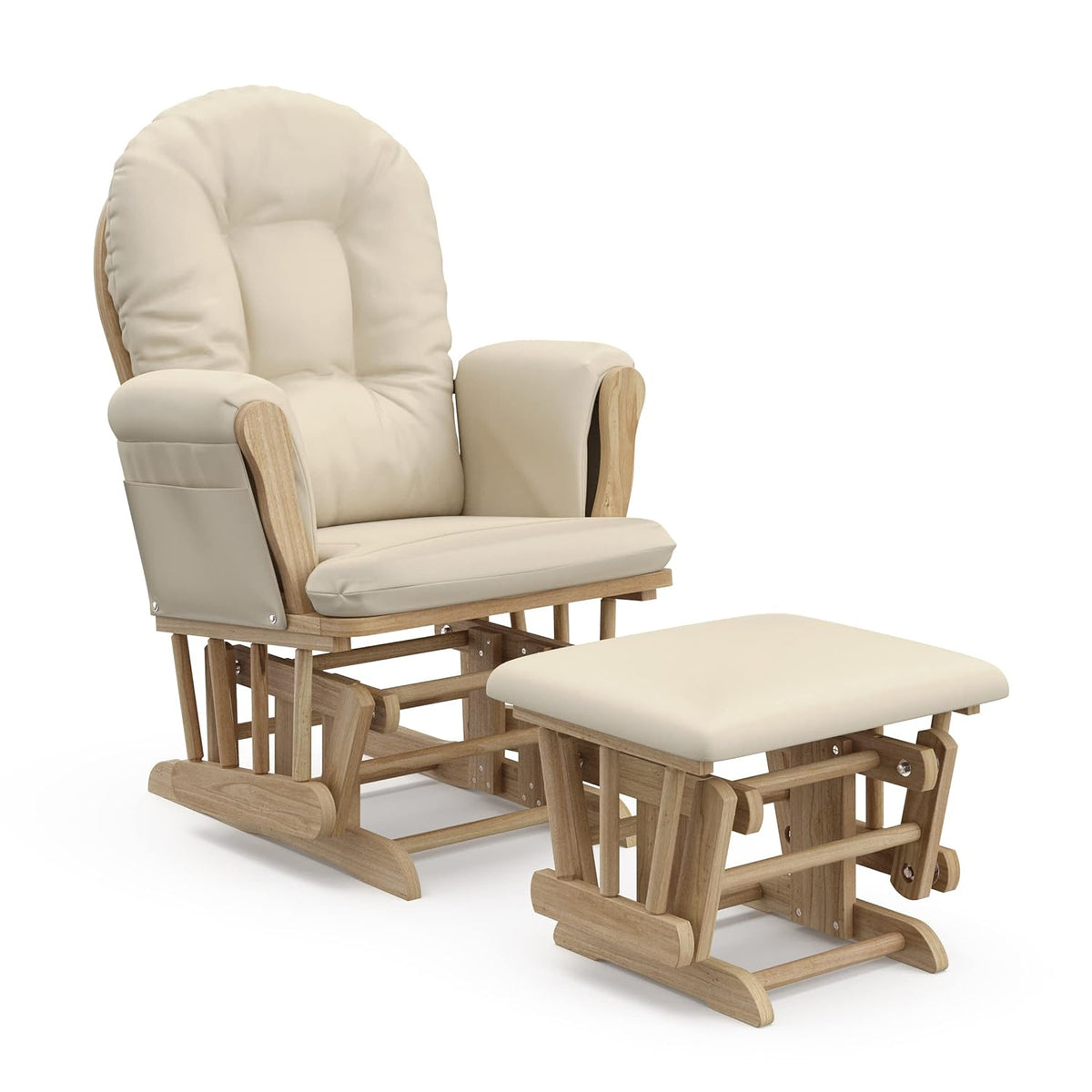 Natural wood framed glider chair with cream cushions and coordinating ottoman on white background