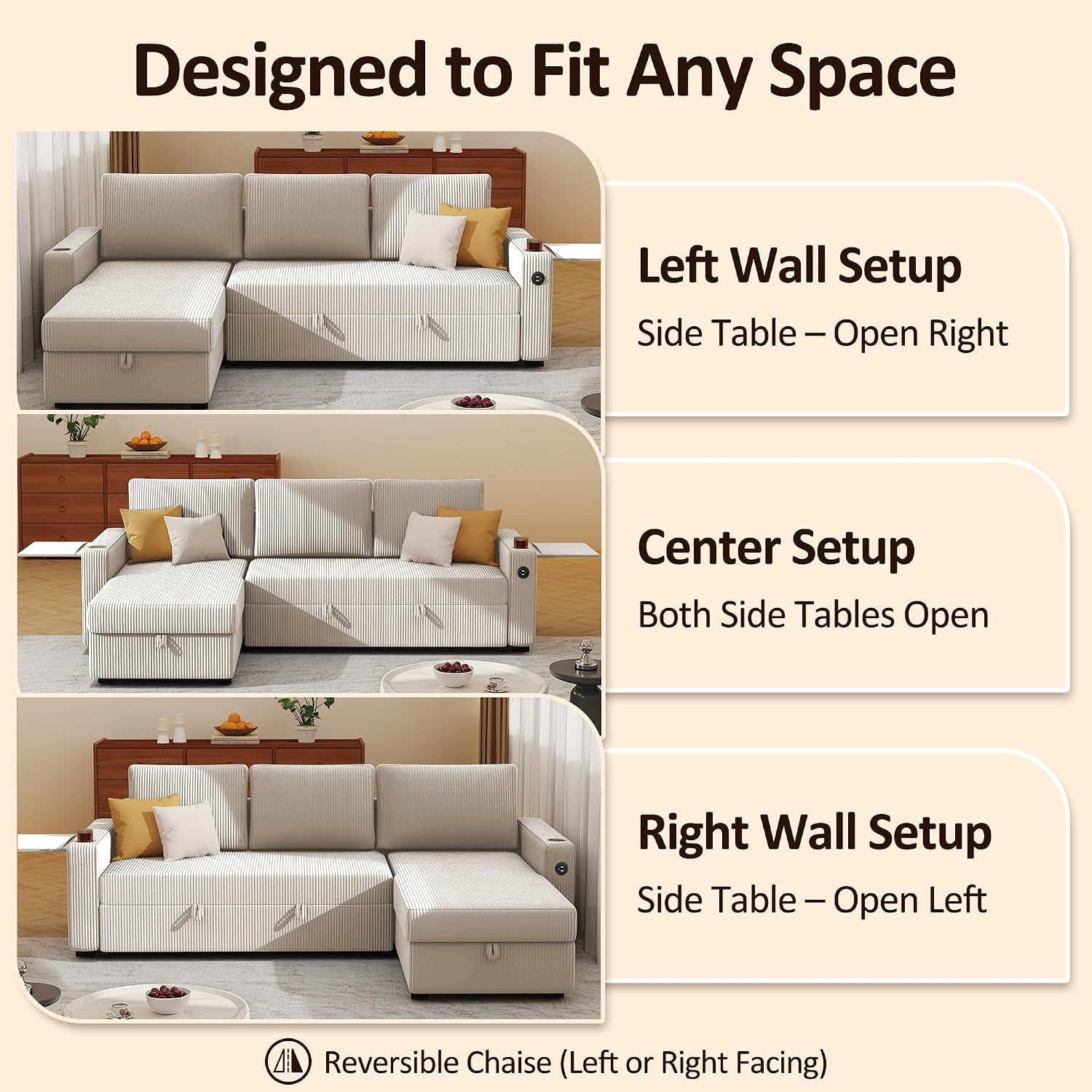 Three photos illustrating left wall, center, and right wall reversible chaise layout options for the sectional.