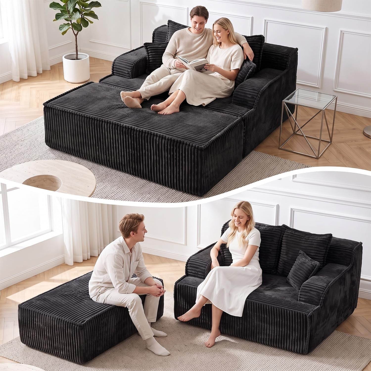 Couple sitting together on a wide chaise and separate ottoman in a sunlit room