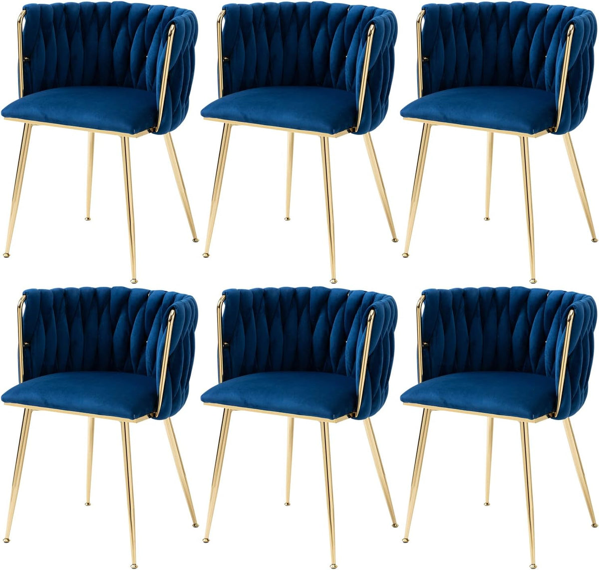 Six deep blue velvet dining chairs with braided quilted backs and gold tapered legs, arranged in two rows