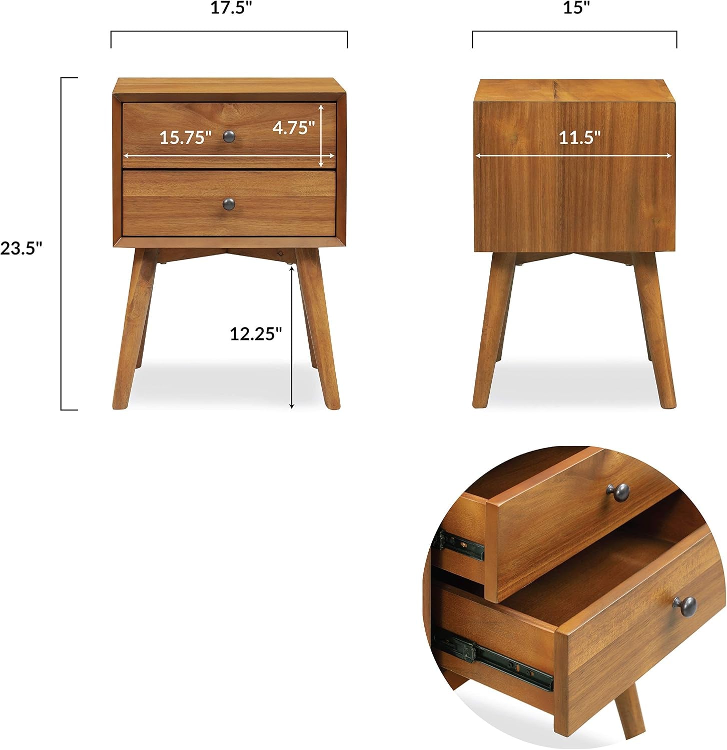 Dimension diagram and drawer close-up showing measurements and metal drawer glides for the nightstand
