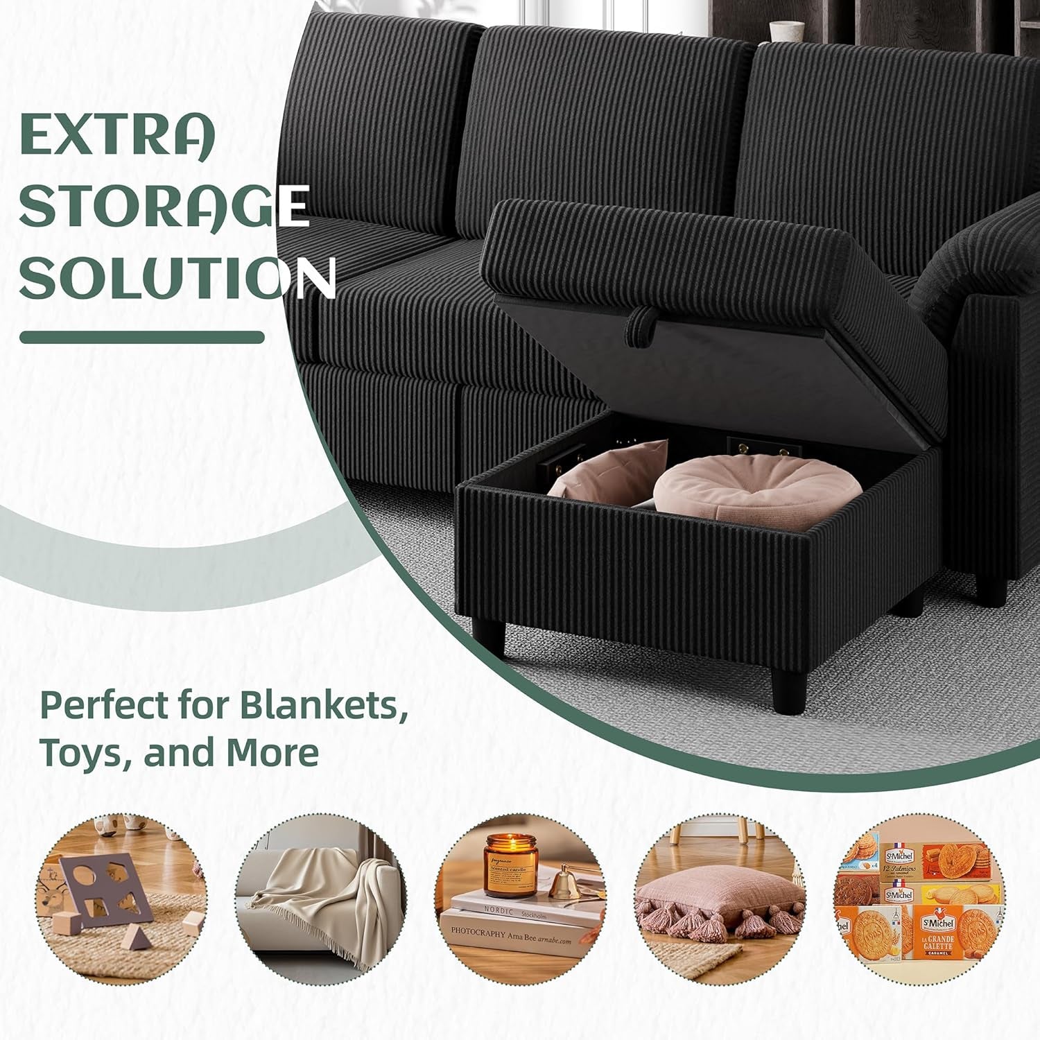 Convertible Sectional Couches, 3 Seat L Shaped Couch Sofa with Removable Pillows Soft Corduroy Fabric Small Couch Mid Century for Living Room, Apartment and Office (Black)