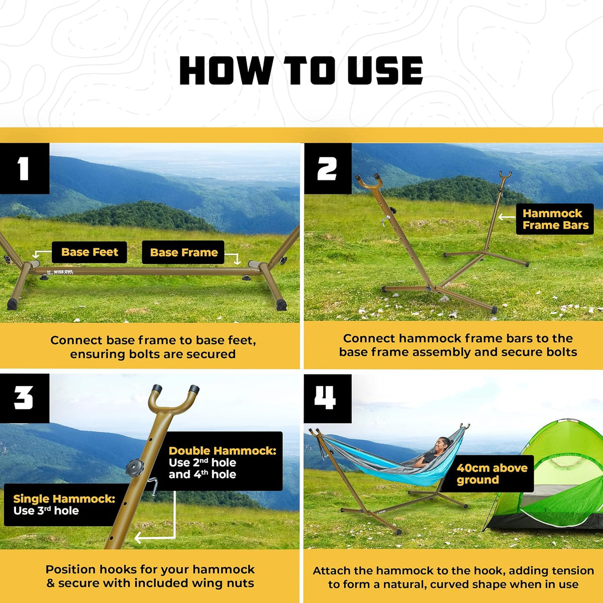 Four-panel how-to guide showing base feet, frame bars, adjustable hooks, and a hammock attached on grass