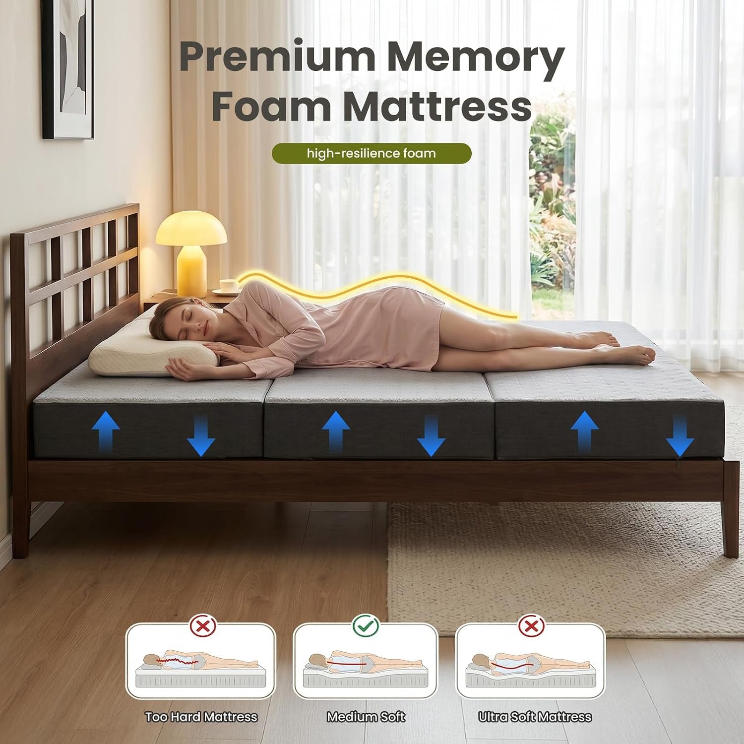 Side view of a three-panel grey trifold mattress laid on a wooden bed frame with a woman sleeping on top.