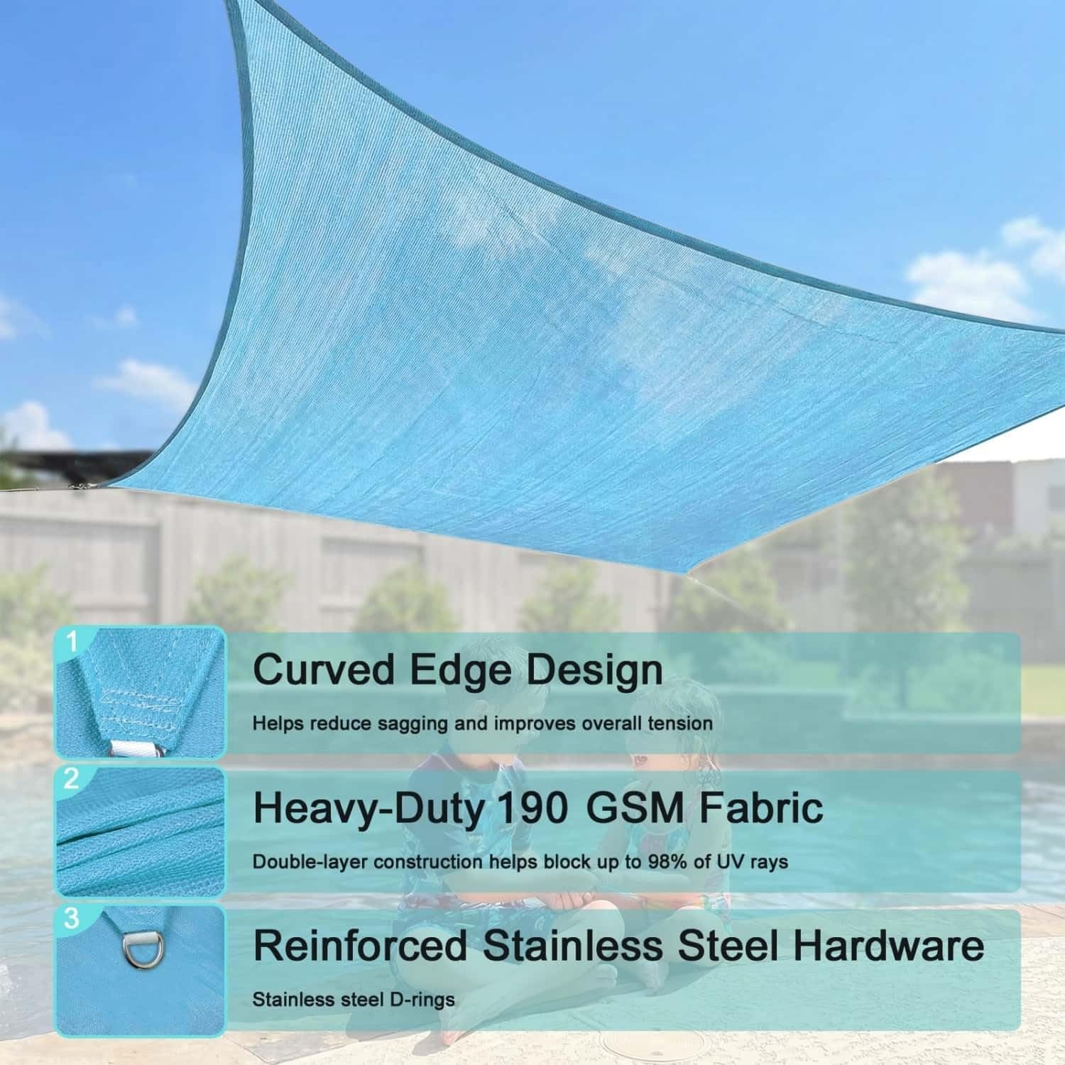 Turquoise sail over pool with feature callouts for curved edge, heavy-duty fabric, and stainless steel D‑rings