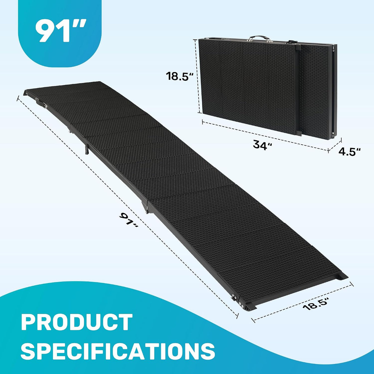 Unfolded 91-inch black tri-fold ramp shown angled with the ramp folded upright displaying the carry handle and dimensional in