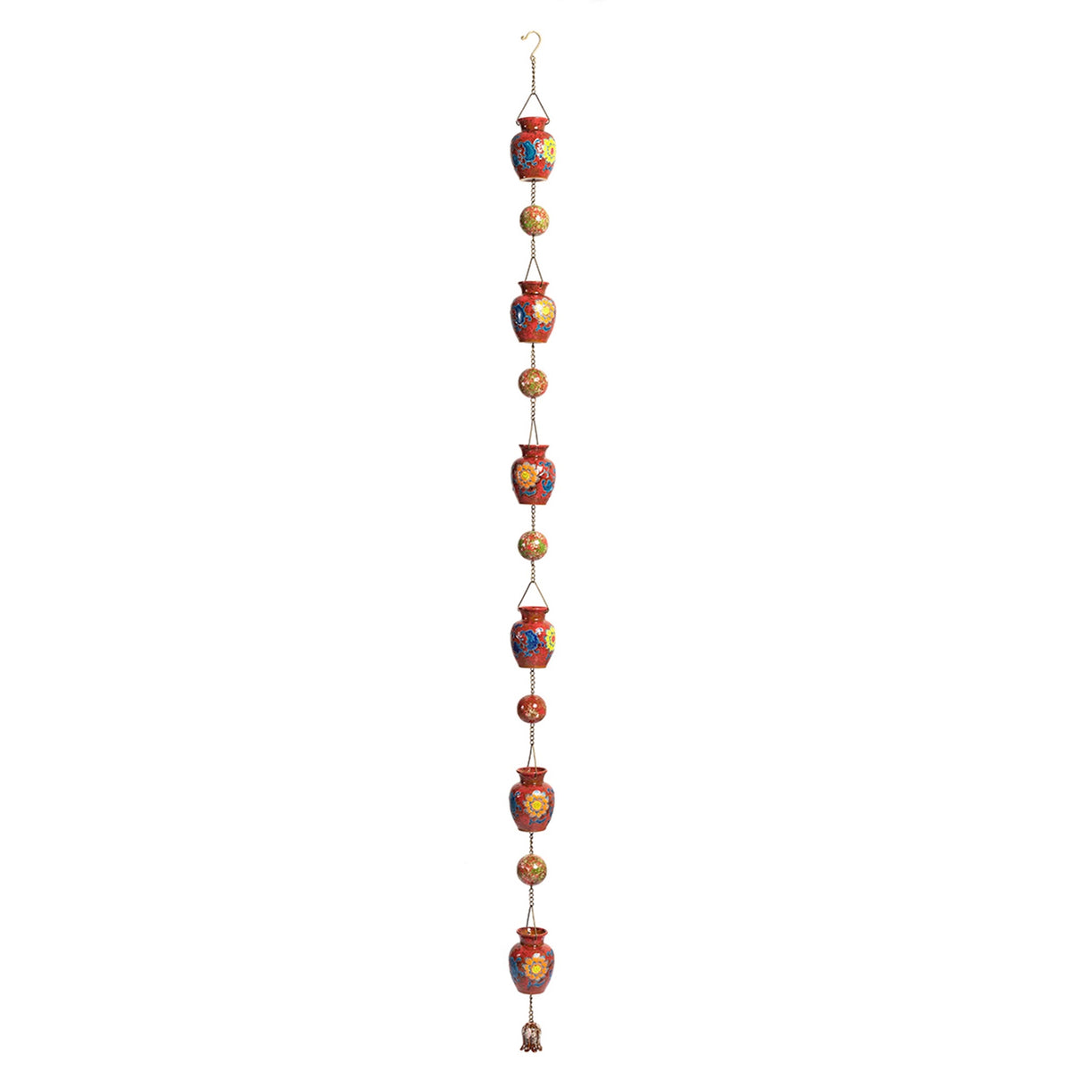 A vertical rain chain with six bright patterned vase-shaped pieces alternating with colorful round beads.
