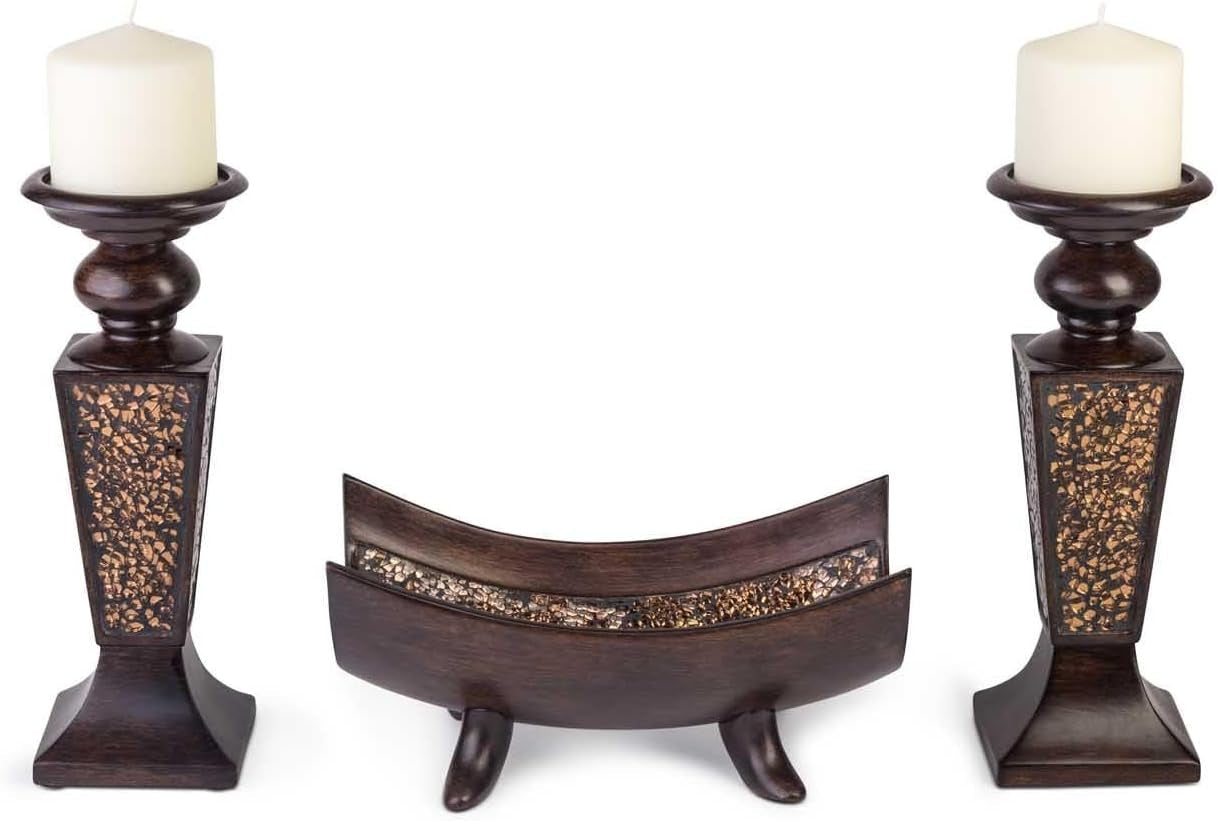 Set view of two brown crackled mosaic candle holders with matching curved decorative bowl on white background