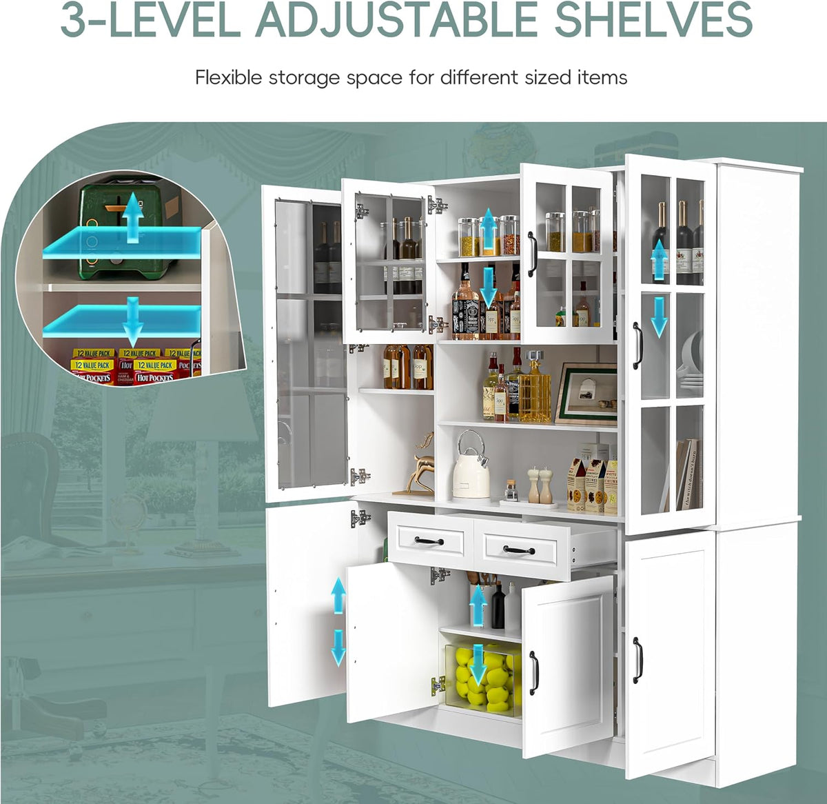 Graphic illustration highlighting three-level adjustable shelves and configurable interior storage