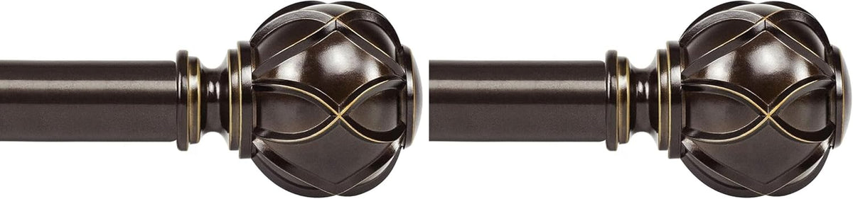 Two matching dark brown curtain rods with decorative finials shown side by side on a white background
