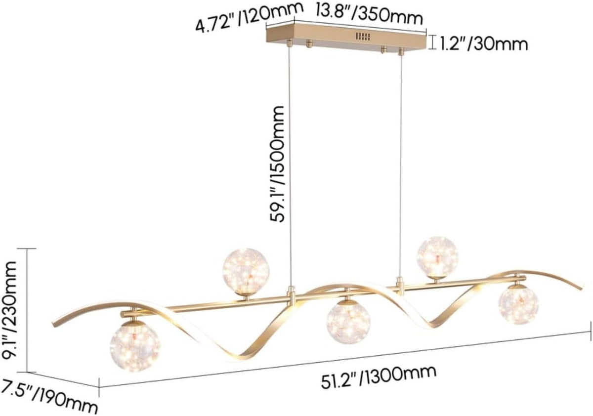 Technical diagram of the chandelier showing measurements including 51.2" length and 59.1" suspension on white background
