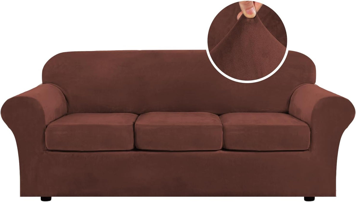 Front view of a three-cushion sofa in deep reddish-brown with a round inset showing fabric pinched between fingers