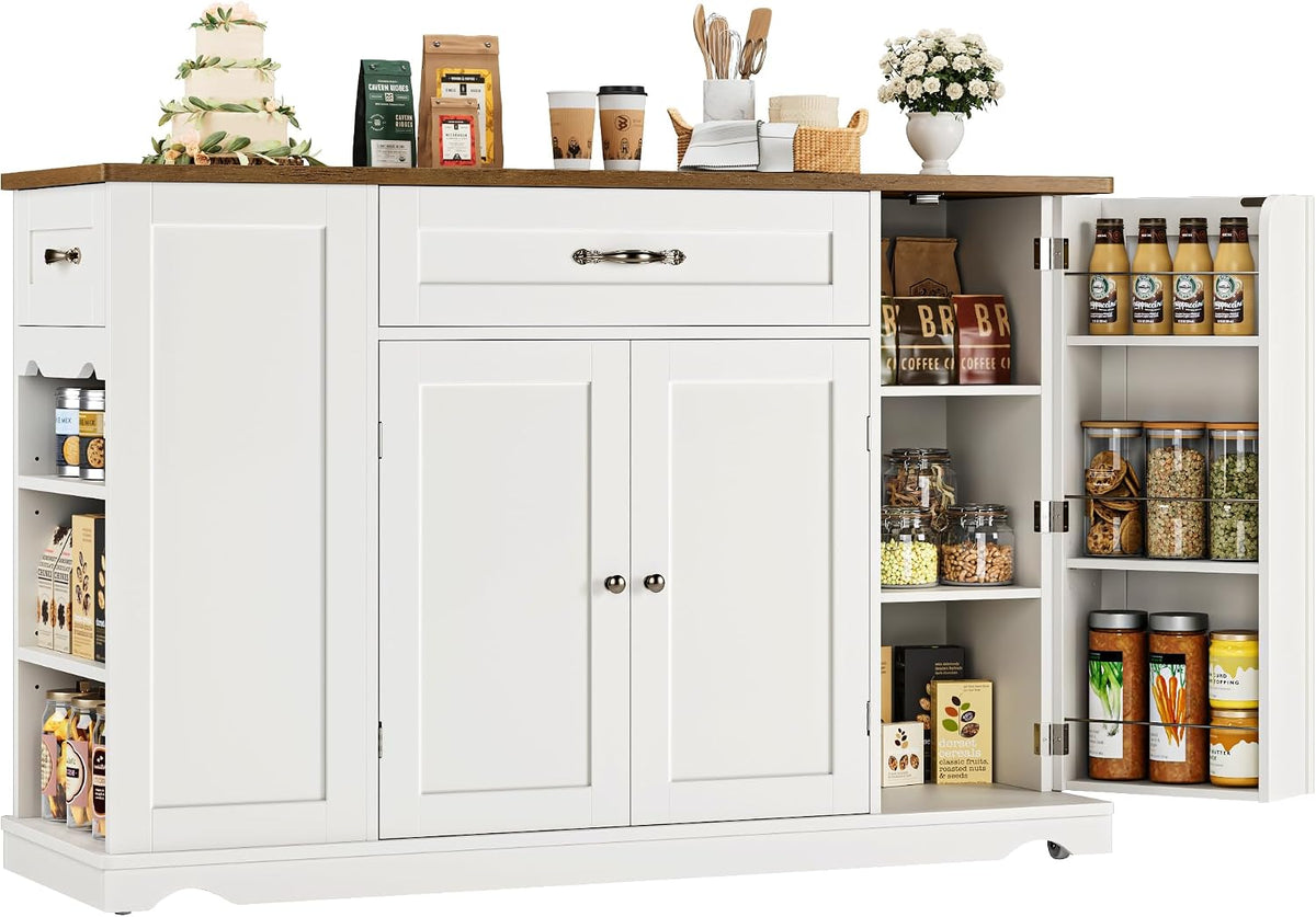 Front view of white island with center drawer, three-door cabinet and open swing-out side door stocked with jars