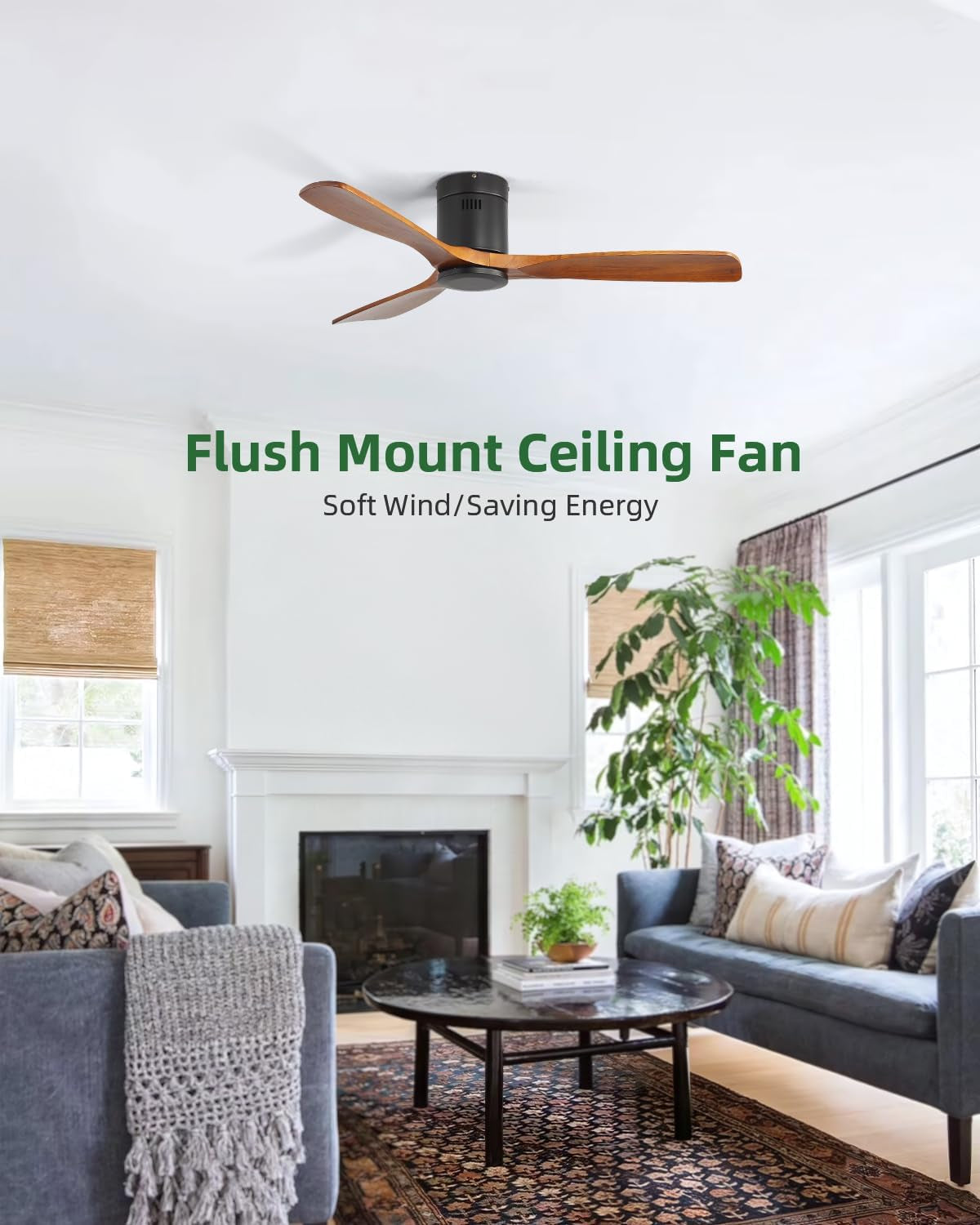 Flush-mounted three-blade wood ceiling fan centered above a styled living room with sofa and fireplace.