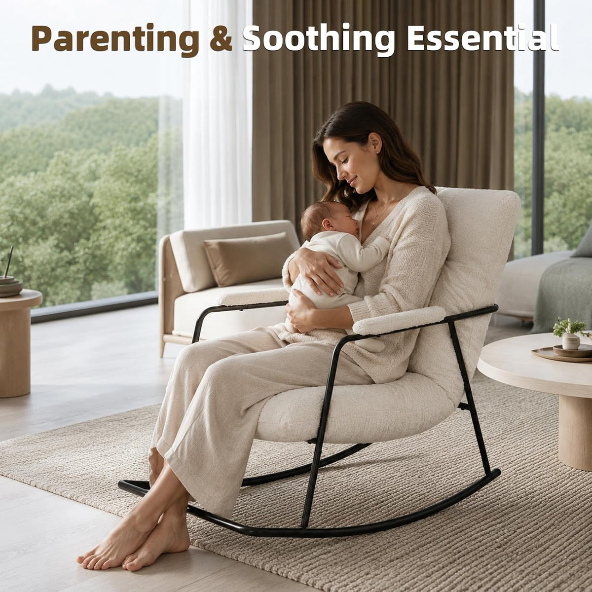 Woman cradling a baby while seated in the white boucle rocking chair beside a low round table and window.
