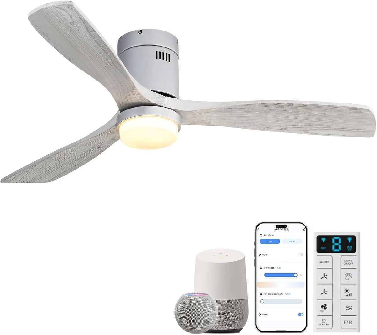 Studio view of a three-blade whitewashed wood ceiling fan with illuminated center light and smart devices at bottom.