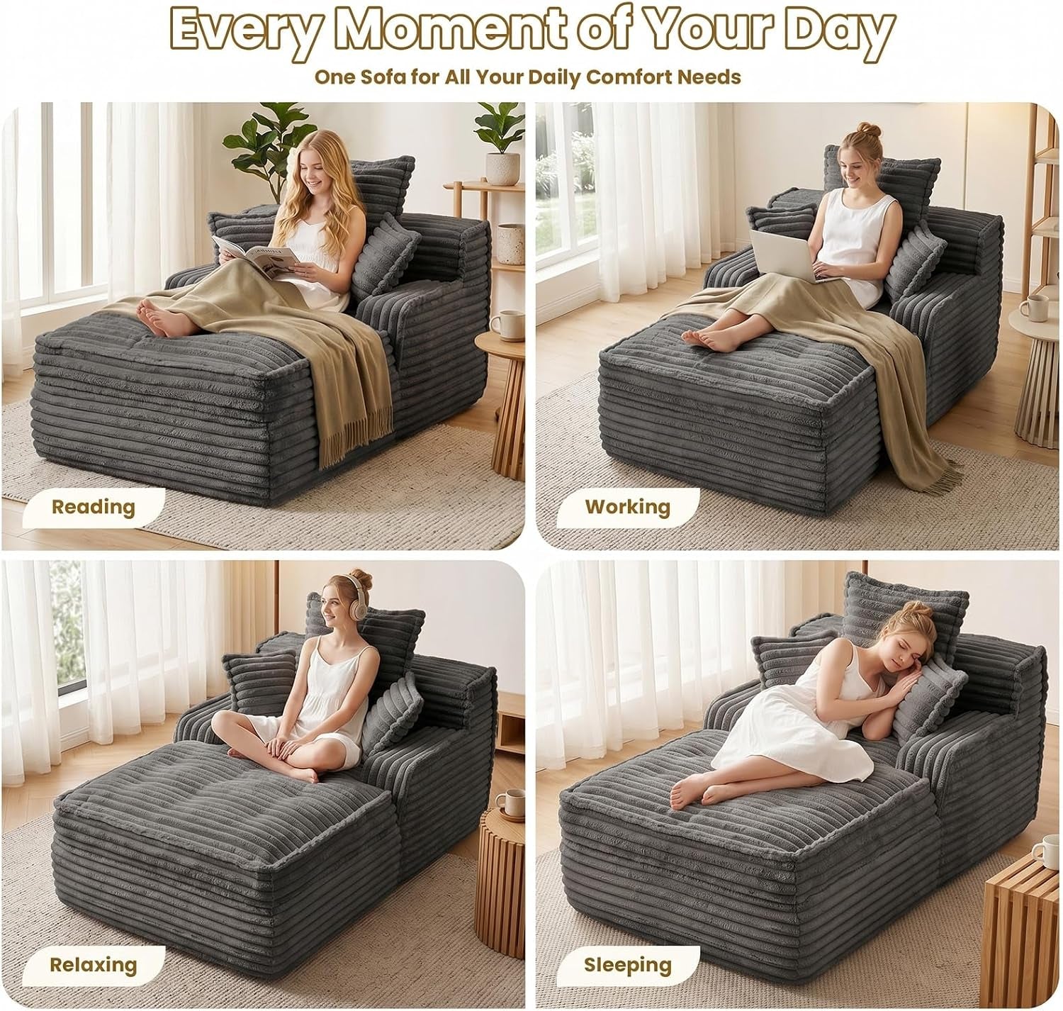 Collage showing four uses of the grey chaise lounge for reading, working, relaxing, and sleeping