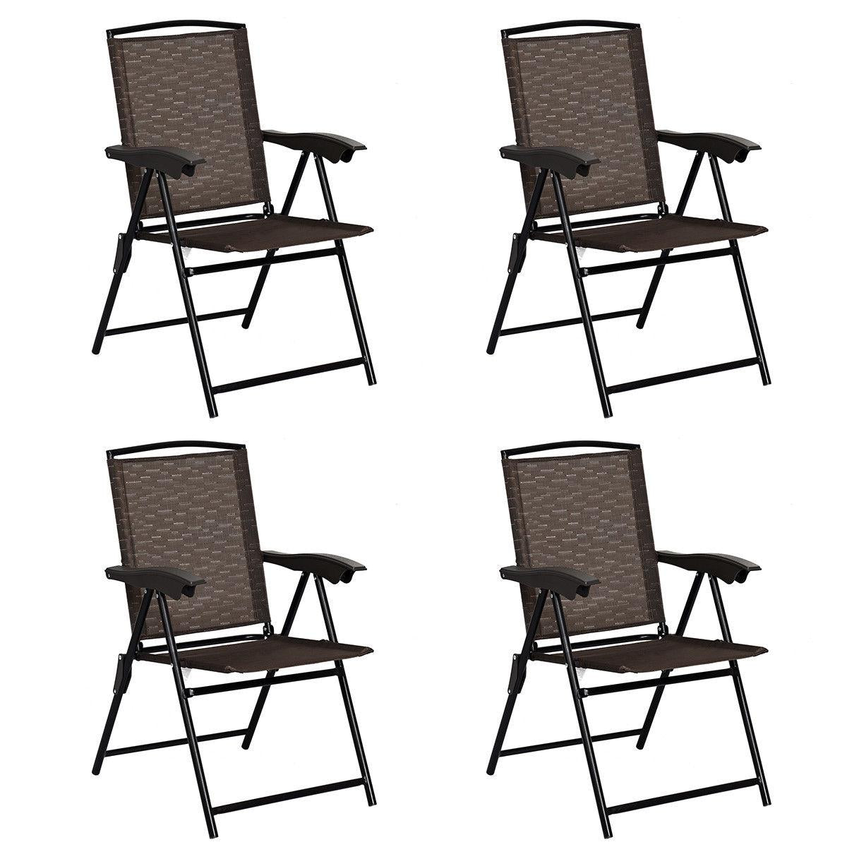 Four brown sling-back folding chairs with black frames and armrests, arranged in a two-by-two layout.