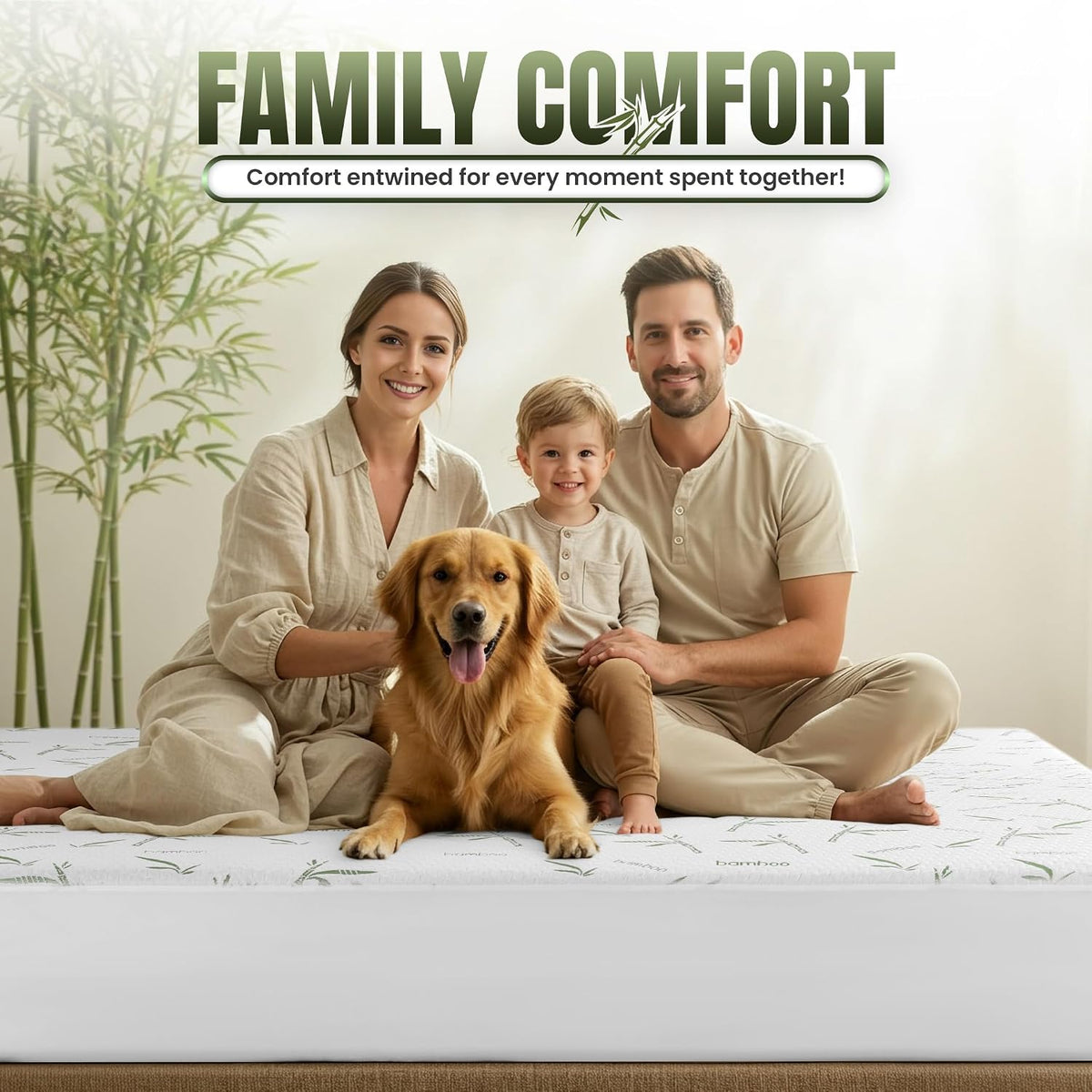 Family and dog seated on a bed fitted with a white bamboo-print mattress protector
