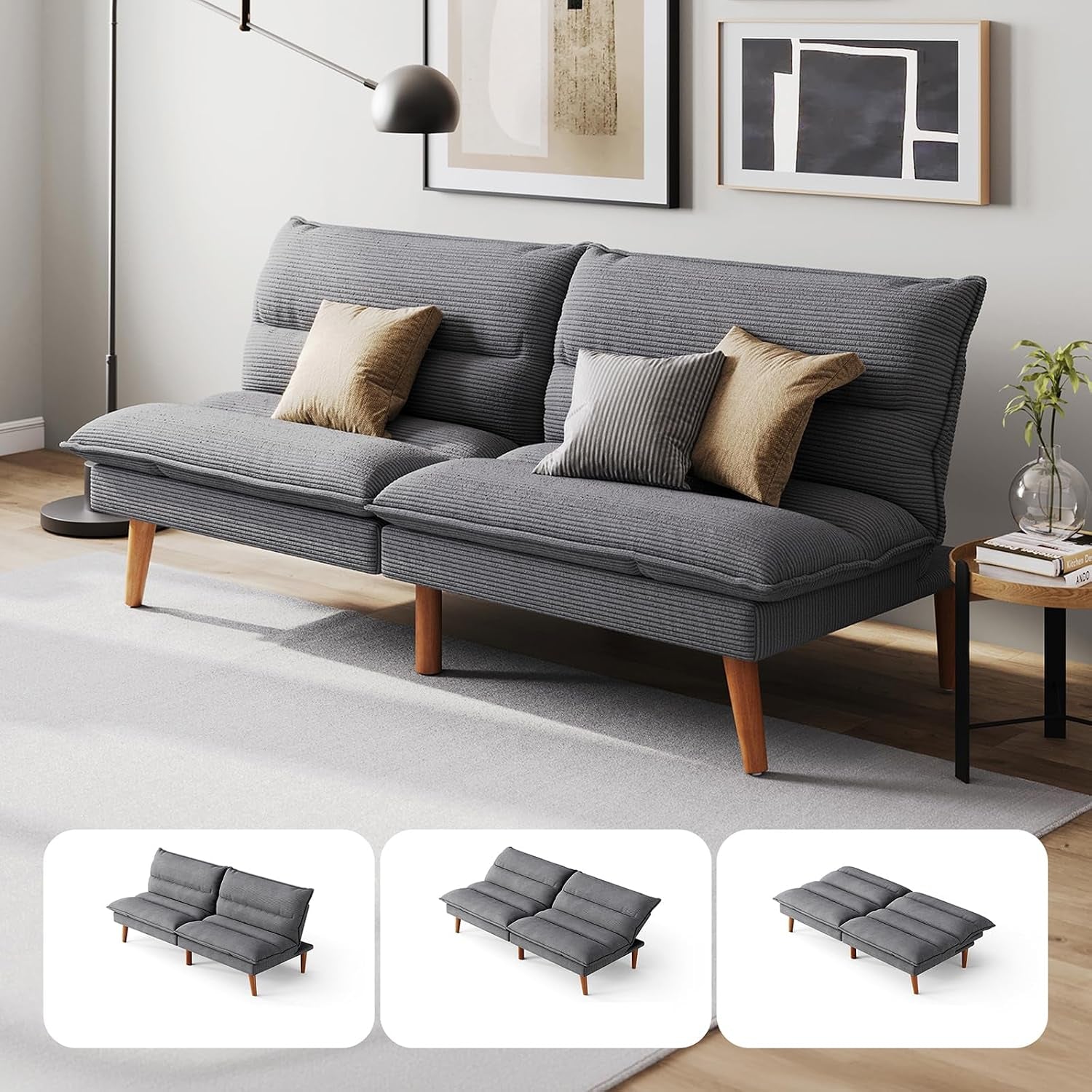 Gray corduroy futon shown in a living room with three small thumbnails of its convertible positions.