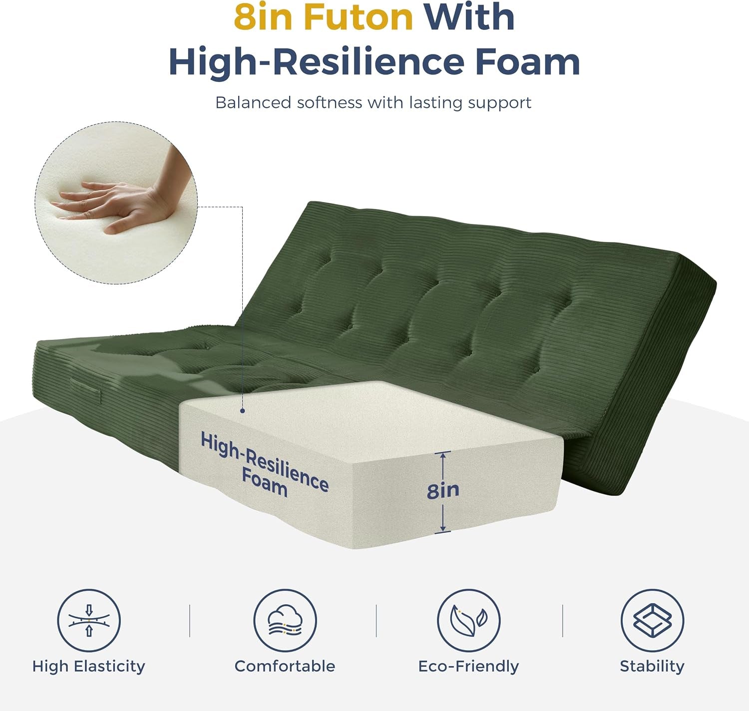 Rendered green futon mattress with cutaway showing foam layers and 8in thickness illustration