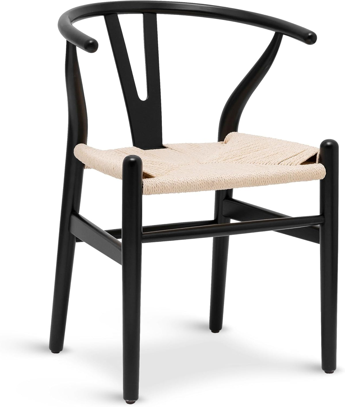 Studio shot of a black wood wishbone chair with a light woven rope seat on a white background