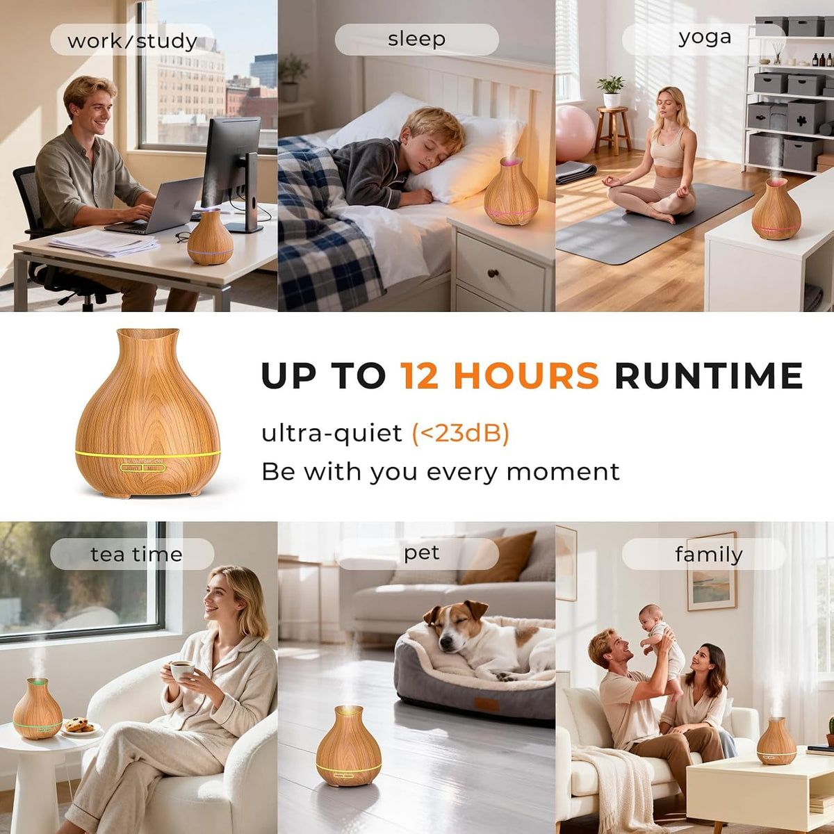 Collage of scenes showing the wood-grain diffuser used in office, bedroom, yoga, and family settings.