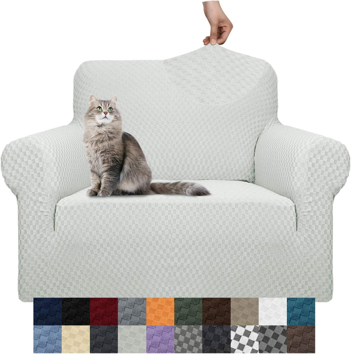 Light gray checkerboard jacquard armchair slipcover with a fluffy gray cat; hand lifts fabric at the top, color swatches