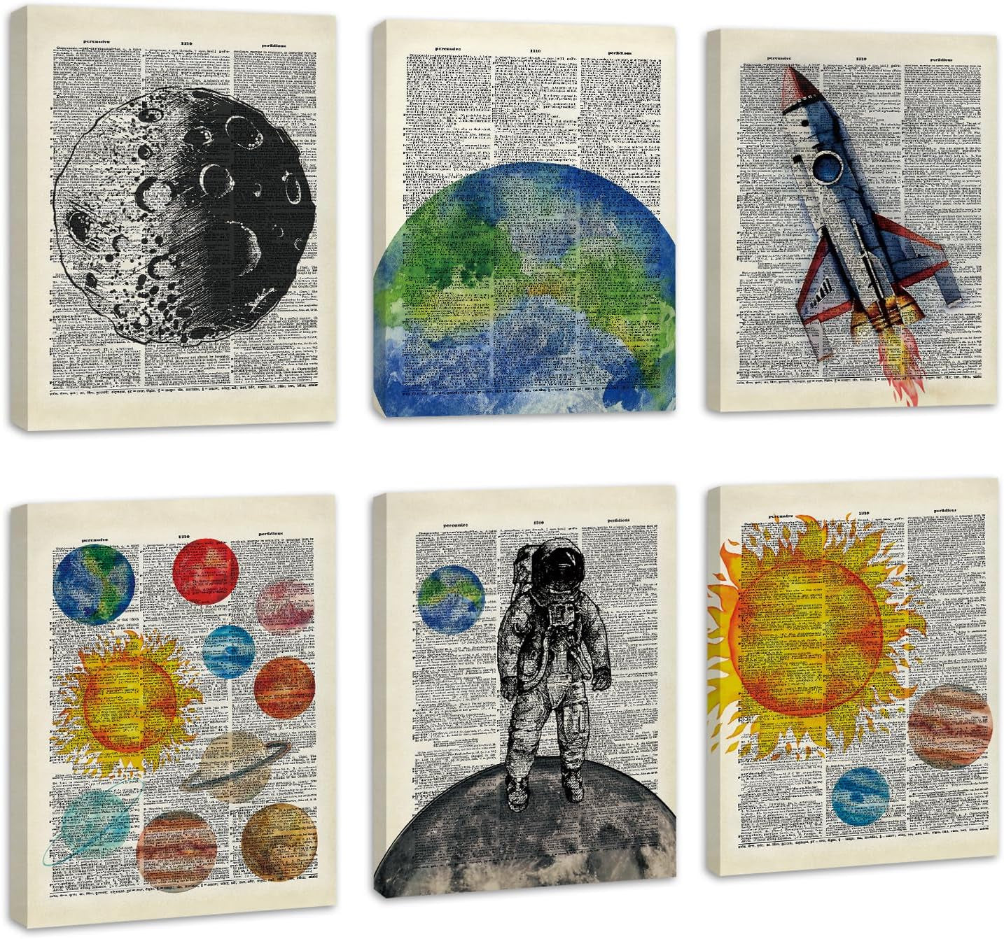 Six vintage-dictionary-style canvases featuring planets, a rocket, an astronaut and sun illustrations.