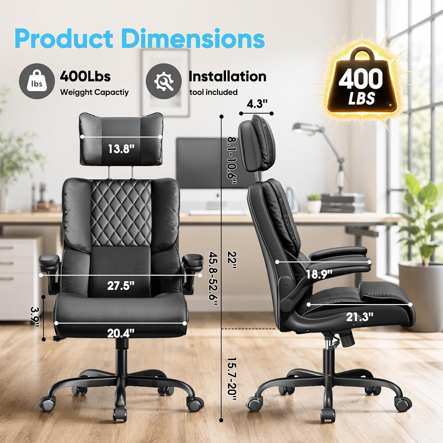 Front and side views of black office chair with overlaid product dimension markers and 400 lb capacity graphic