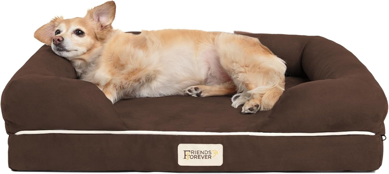 Front view of a chocolate‑brown bolster dog bed with a small tan dog resting against the bolster