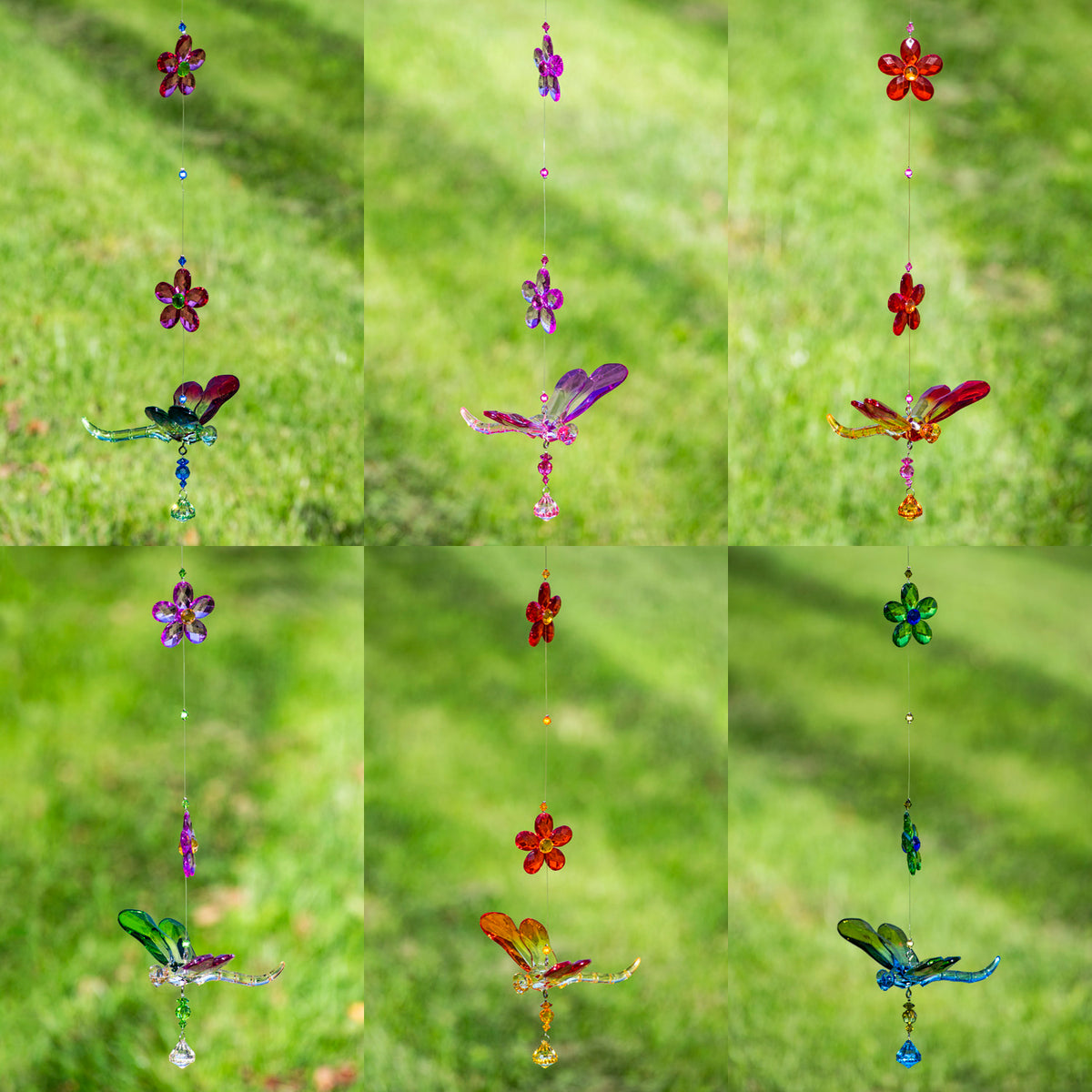 Several colorful hanging dragonflies and flower ornaments shown suspended against a green garden background.
