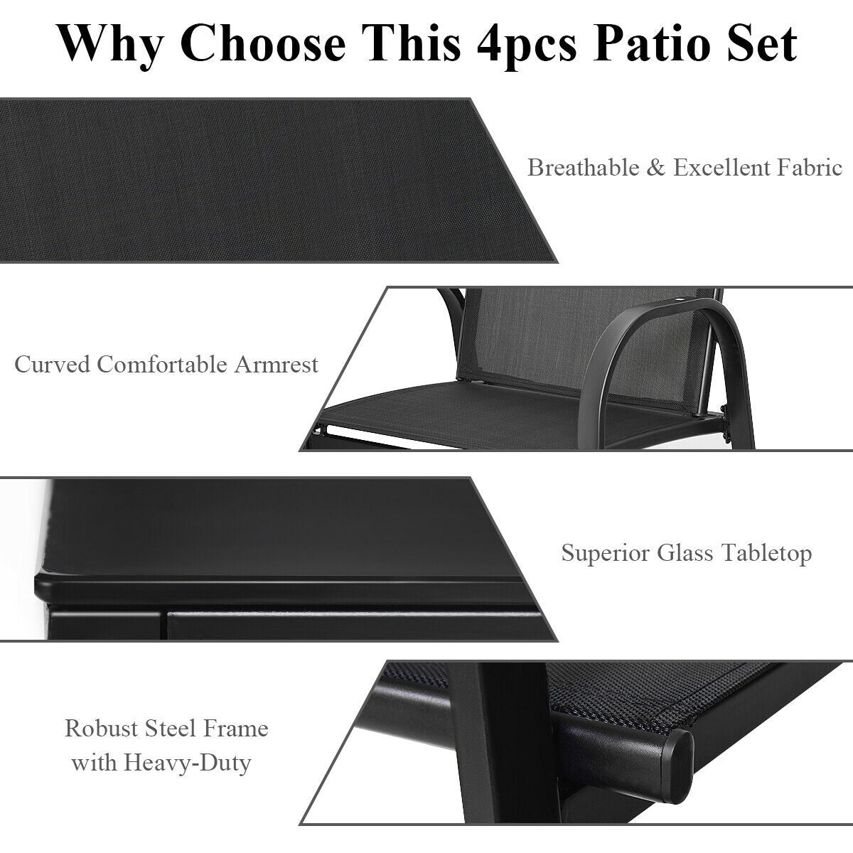 4 Pieces Patio Furniture Set with Glass Top Coffee Table, Black