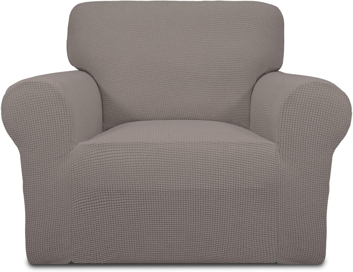 Taupe-gray jacquard slipcover fitted to an armchair, front-facing view showing rounded arms and texture