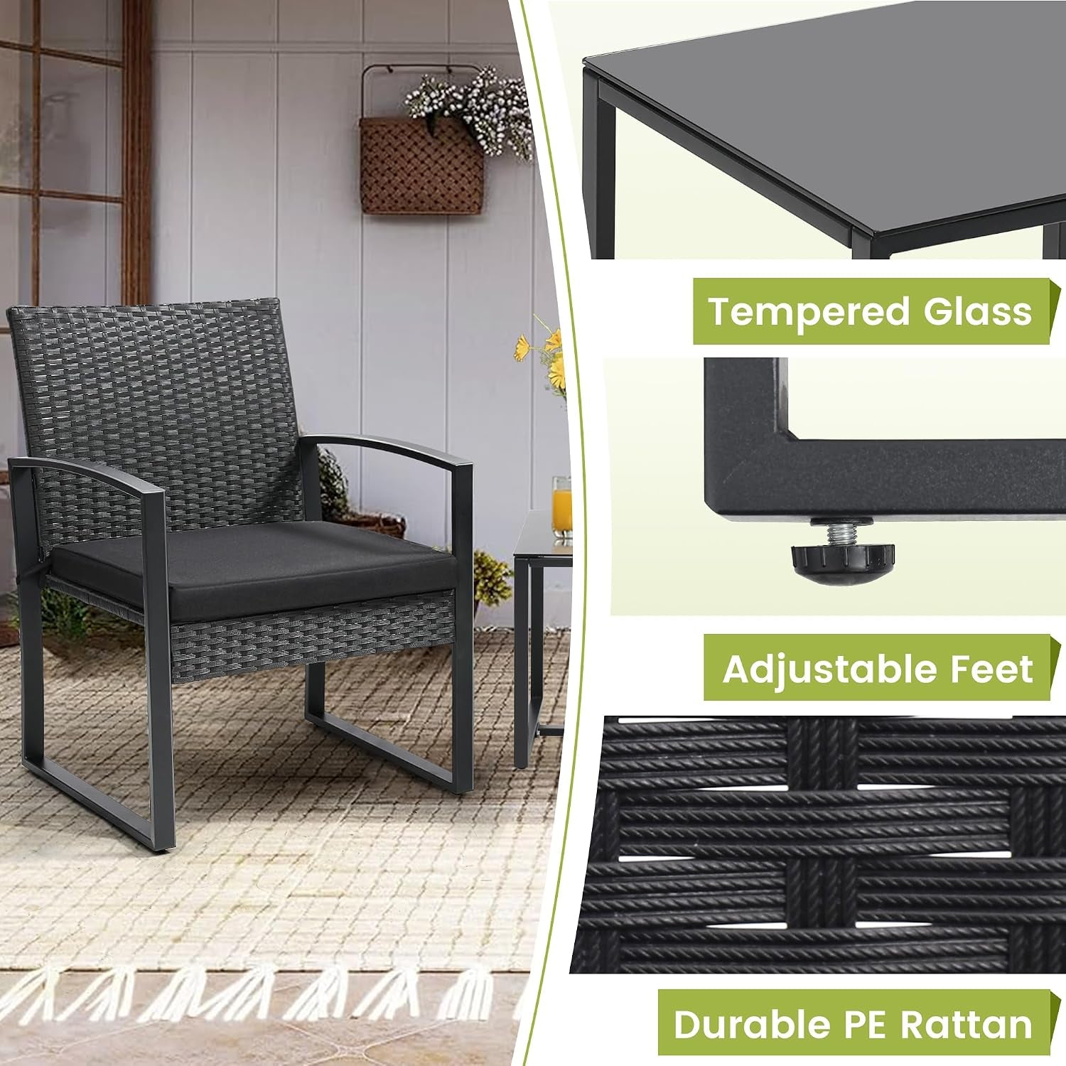 Single rattan chair close-up showing adjustable foot, tempered glass table corner and woven PE rattan texture