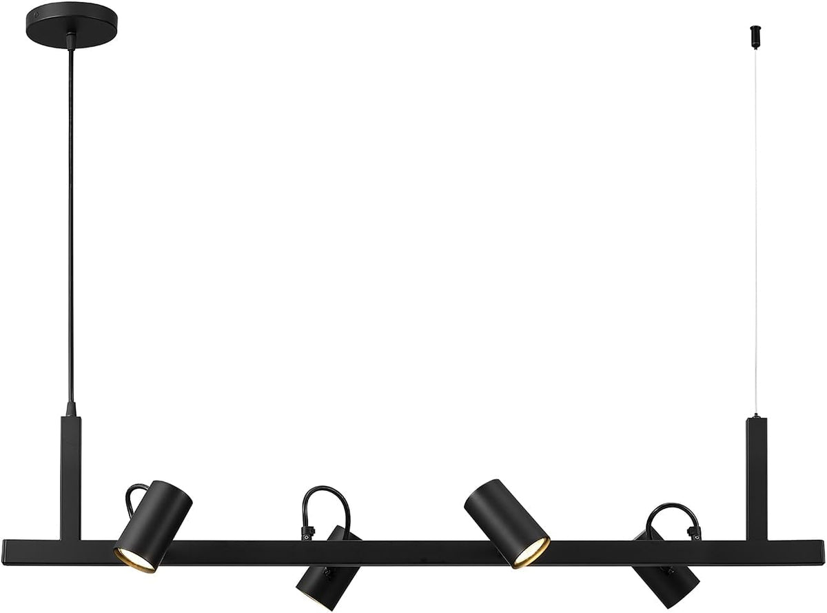 Horizontal matte-black track suspended by two rods with four adjustable cylindrical spotlight heads visible.